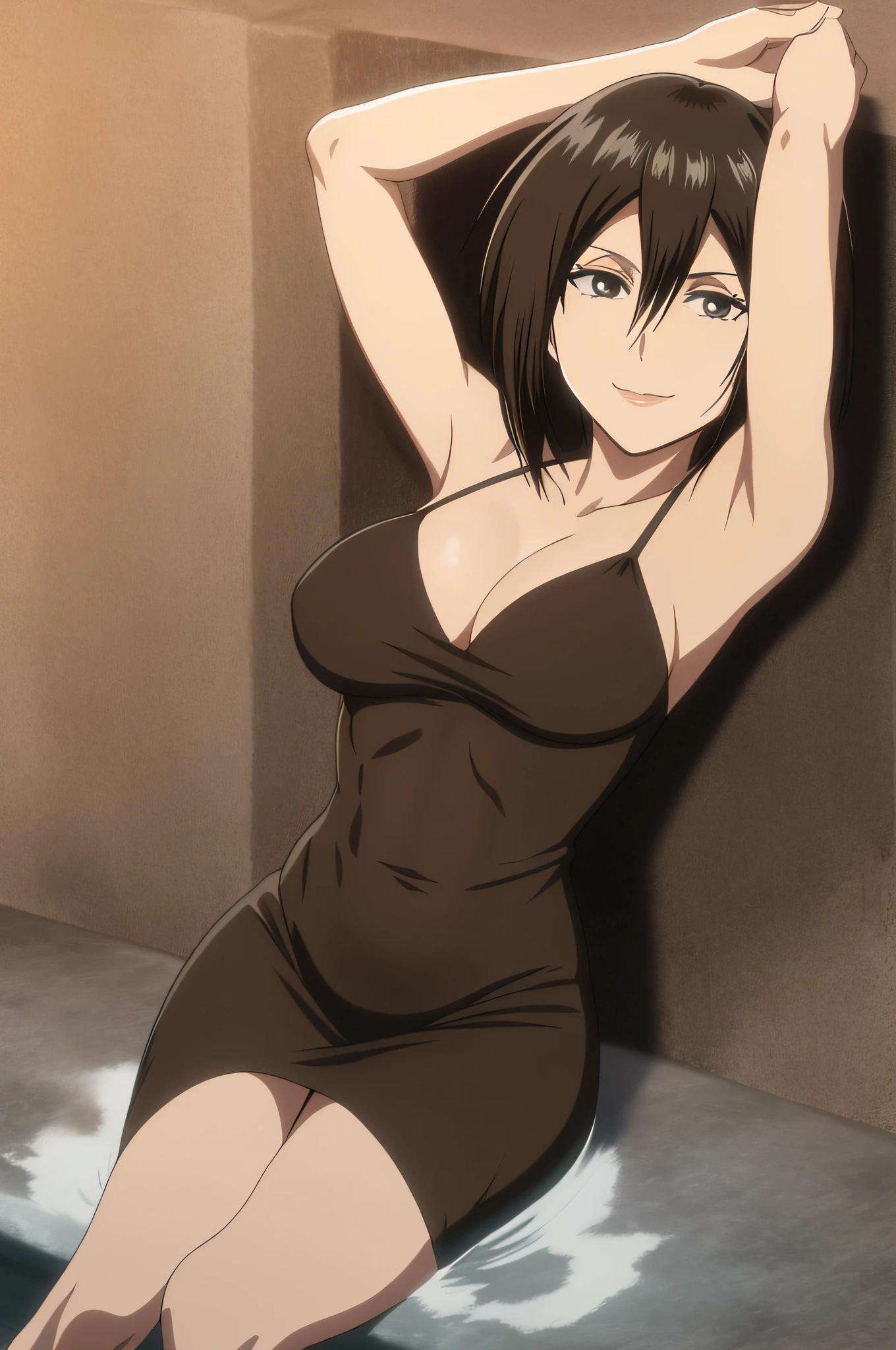 deslumbrante, armpits, detalles intrincados, 1girl, Mikasa Ackerman, (cabello negro:1.3), pelo entre los ojos, pelo corto, patillas, labios, cerrar, solamente, labios, Obra maestra, La mejor calidad, nude, bathing, barriga, pezon, ojos negros, nipples, black eyes, muscle, medium breasts, sonrisa