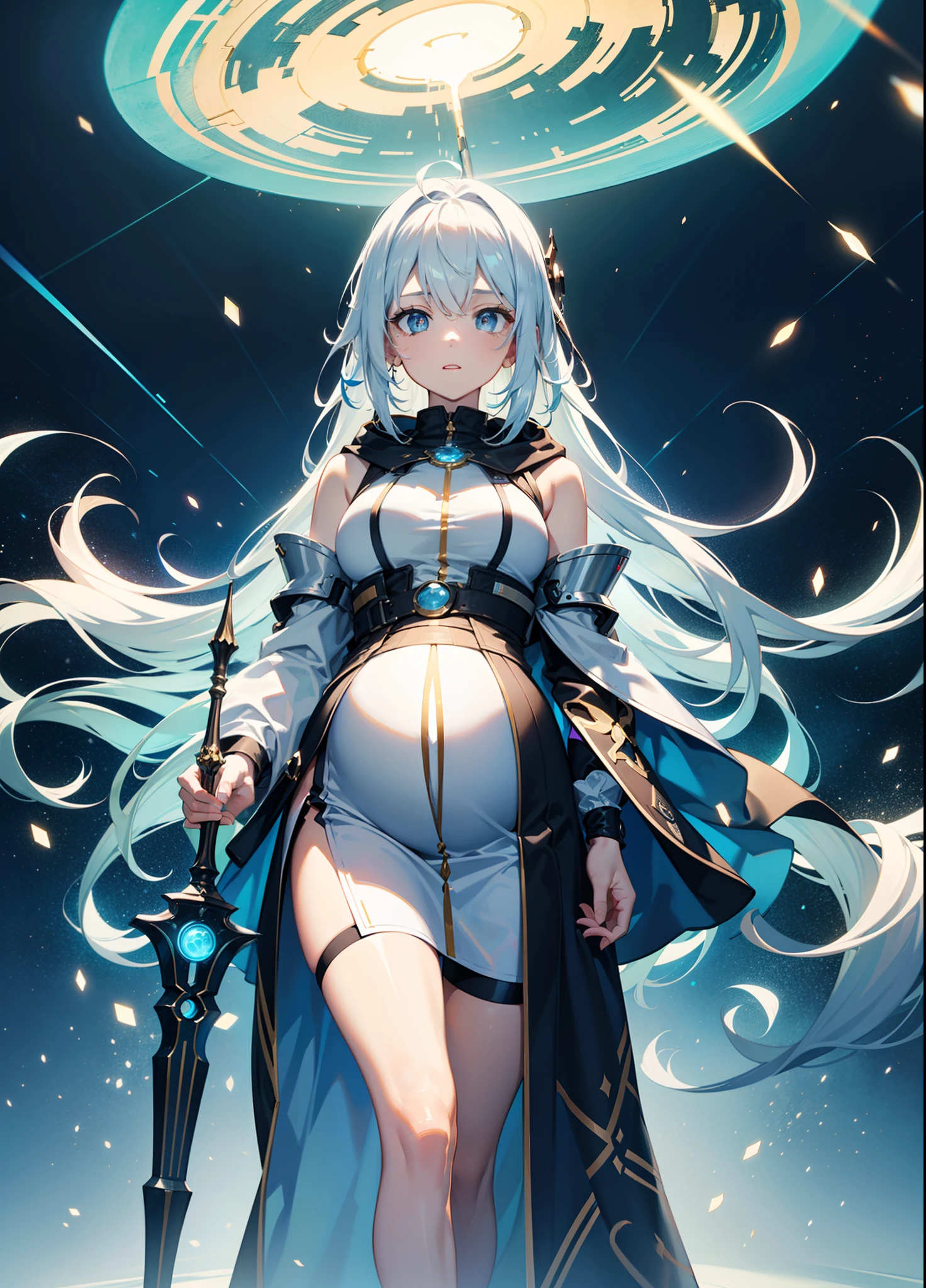 masterpiece,best qualtiy,style of anime,a sense of atmosphere，higher details，cg render，Standing painting，Ray traching，sci-fy，Divine sense top light，Electronic science fiction，the ai)(holographic projections，White color hair，long whitr hair，hair straight，Blue pupil，A white hooded robe covers the whole body，Holding a long staff with blue light，Non-juveniles)（The background is a huge blue space), pregnant(6th )