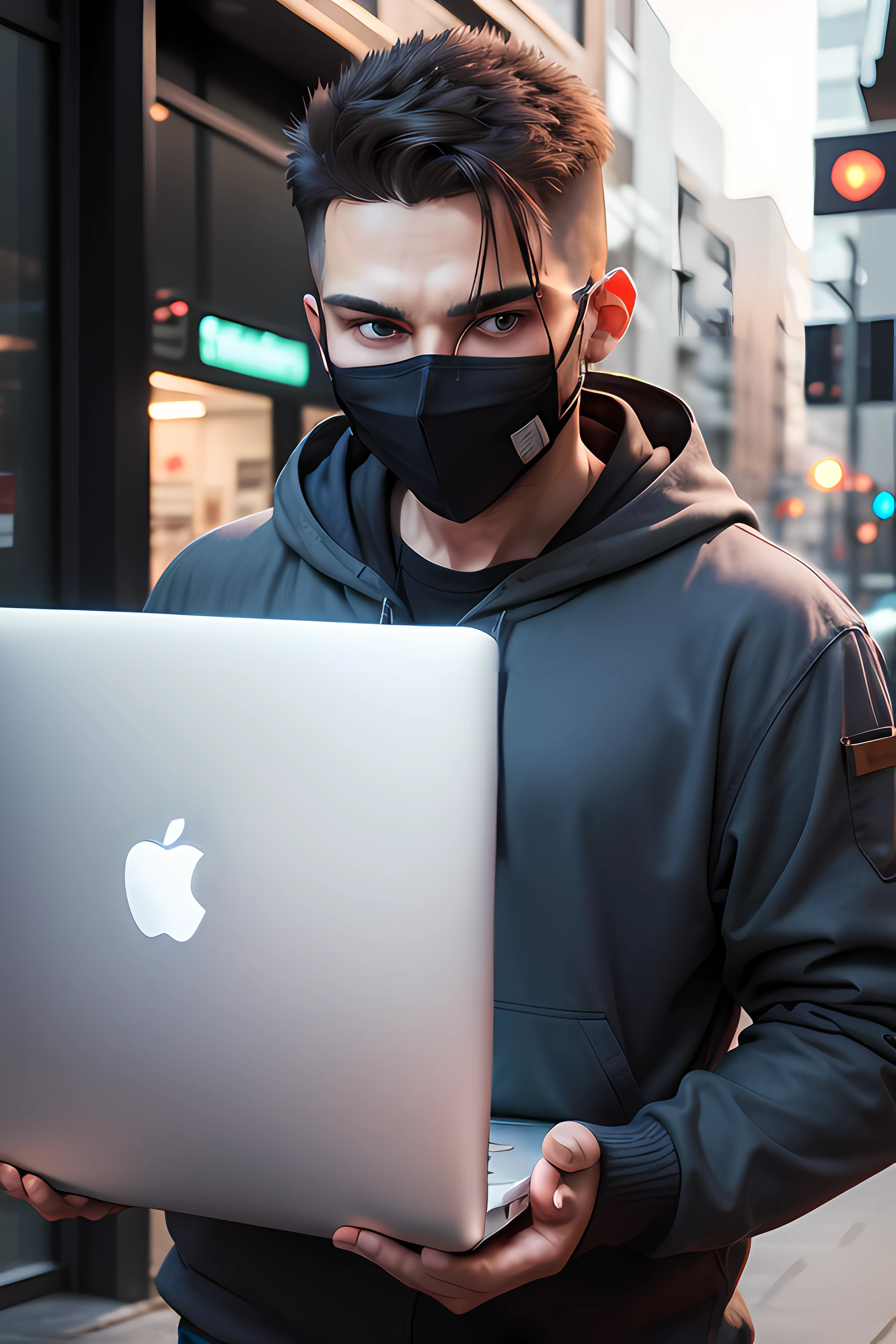 an real man who is a professional hacker also holding a macbook air in his hand with a anonymous face mask on his face