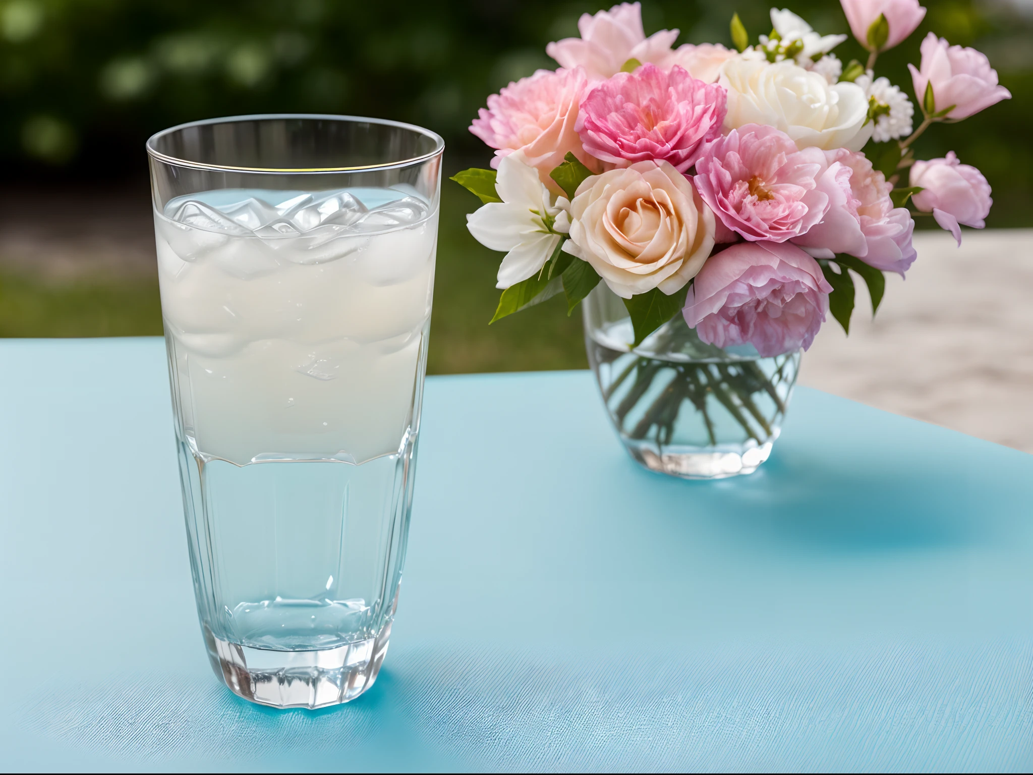 Large glass of cold ice and pale pink soda, Summer Feeling, delicado, Ultra detallado, Luz suave, bokeh de enfoque de campo profundo, Trazado de rayos, distracted, ultrafino, taza redonda, Linda taza ovalada, Fondo verde claro, papel de pared, verde de fondo, Super delicate water pattern (ultra-fine glass reflection)、Serve with small flowers、