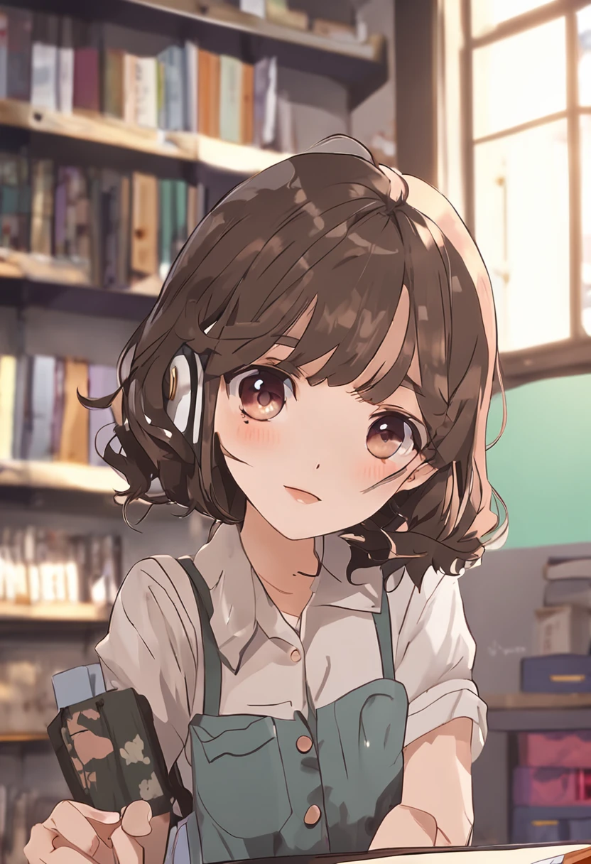 masutepiece, Best Quality,Illustration, Wallpaper, Ultra Detail, absurderes, 1loli, Solo, (Medium short hair、Short braided brown hair), Beautiful detailed eyes , (Clear department), Classroom,(a panoramic view:1.3),(Sense of depth:1.5),(longshot:1.3)