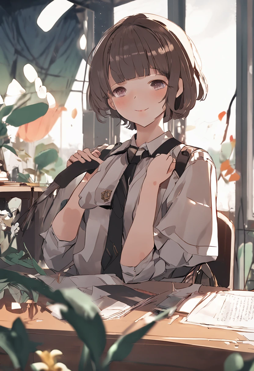 masutepiece, Best Quality,Illustration, Wallpaper, Ultra Detail, absurderes, 1loli, Solo, (Medium short hair、Short braided brown hair), Beautiful detailed eyes , (Clear department), Classroom,(a panoramic view:1.3),(Sense of depth:1.5),(longshot:1.3)
