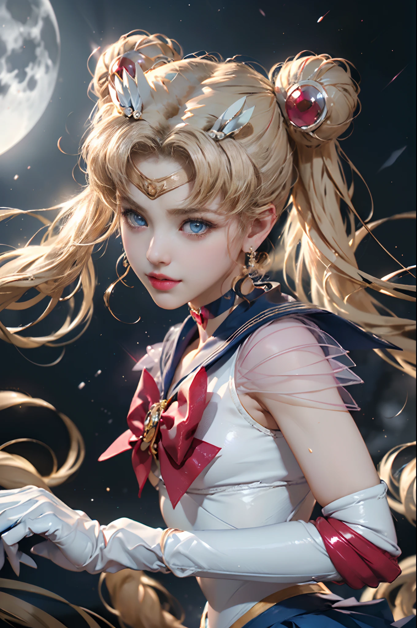 ​masterpiece、ful:1.3、stands、8K、3D、realisitic、Ultra Micro Photography、top-quality、Wallpapers with extreme details CG Unity 8K、frombelow、intricate detailes、(1 female)、28 year old、(Sailor Moon:1.6 Super Bishoujo Senshi Sailor Moon Mer1、meishaonv,tiarra、Sailor Senshi Uniform Sailor:1.5、sailormoon:1.5,Eternal Sailor Moon)、(Incredibly long bright twin-tailed blonde:1.4、Thin and very long straight twin tail blonde, Hair buns、Red round hair ornament in a hair bun)、((Sailor Senshi Uniform:1.4、Blue collar,Blue sailor color,Blue Pregate Ultra Mini Skirt:1.5、very large red bow on the chest,,Long white latex gloves,Red gloves on the elbows、Bare upper arms,Luxurious golden tiara on forehead、耳Nipple Ring,Luxurious Golden Jewelry、high leg swimsuit))、Very thin and fit high gloss white holographic leather、High Gloss White Latex High Leg Swimsuit That Shines Like Oil,(Details of face:1.5、Blue eyes、Beautiful expression、beautidful eyes、Outline of the iris, Eyes with highlights、thin lipss:1.5、thin and sharp pale eyebrows,、long eyeslashes、Double eyelashes、Thin, thin and muscular,,,、a small face、tall and large chest、perfectly proportions、big breasts thin waist、SEXY Model Pose、Dynamic Poses,Visible Pore、seducting smile、perfect hand:1.5、octan render、highly dramatic picture、(Lunar divinity,cosmic background、rays of moonlight、a moon、Dynamic backgrounds、exquisite lighting and shadow、dynamic ungle、细致背景),Strong natural light、sunlights、Digital SLR、foco nítido: 1.0、Maximum clarity and sharpness、mecha musume,(aausagi, double bun, twintails, parted bangs, circlet, jewelry, earrings, choker, red bow, white gloves, elbow gloves, blue skirt,(aausagi, double bun, twintails, parted bangs, hair ornament, circlet, jewelry, earrings, choker, see-through, red bow, white gloves, elbow gloves, multicolored skirt)
)