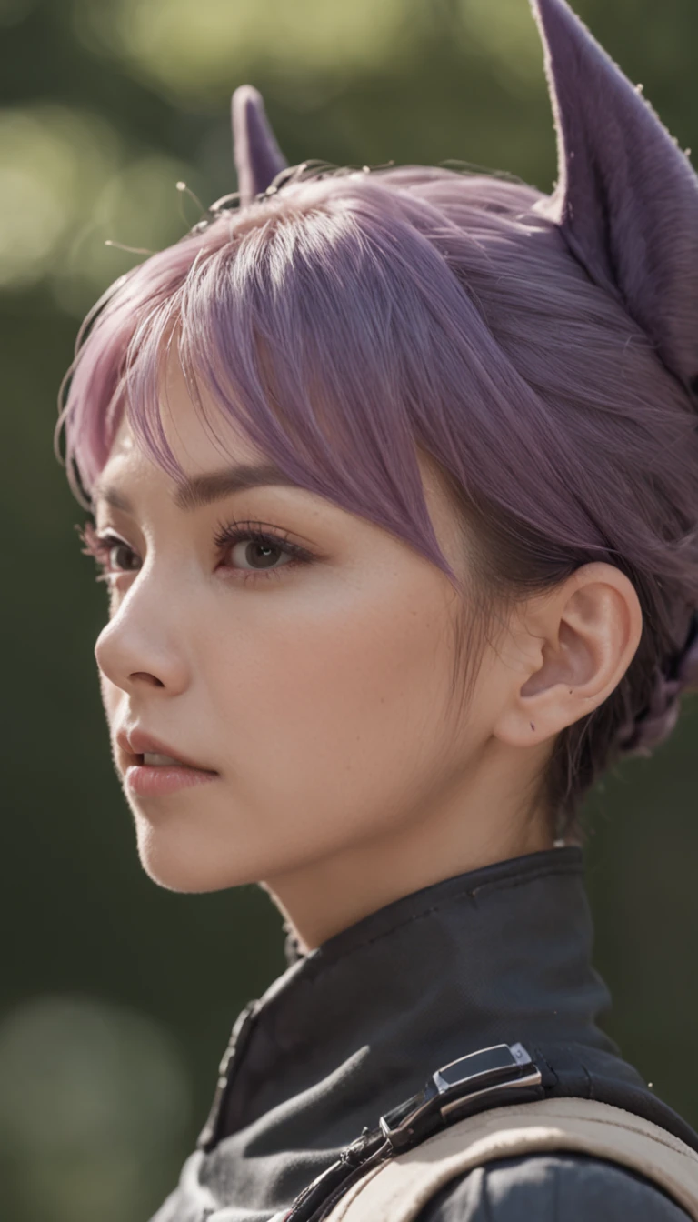 japanese woman, with accurate features, strong jawline, slightly pointed ears, short hair, lavender hair, dynamic angle shot, Rena Nounen, No extra ears, neck zoomed in, side view profile centered, wide high angle view, Two pointed ears，Side photo, wearing futuristic military uniform, science fiction