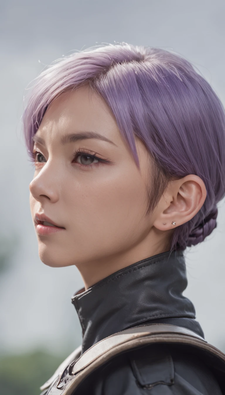 japanese woman, with accurate features, strong jawline, slightly pointed ears, short hair, lavender hair, dynamic angle shot, Rena Nounen, No extra ears, neck zoomed in, side view profile centered, wide high angle view, Two pointed ears，Side photo, wearing futuristic military uniform, science fiction