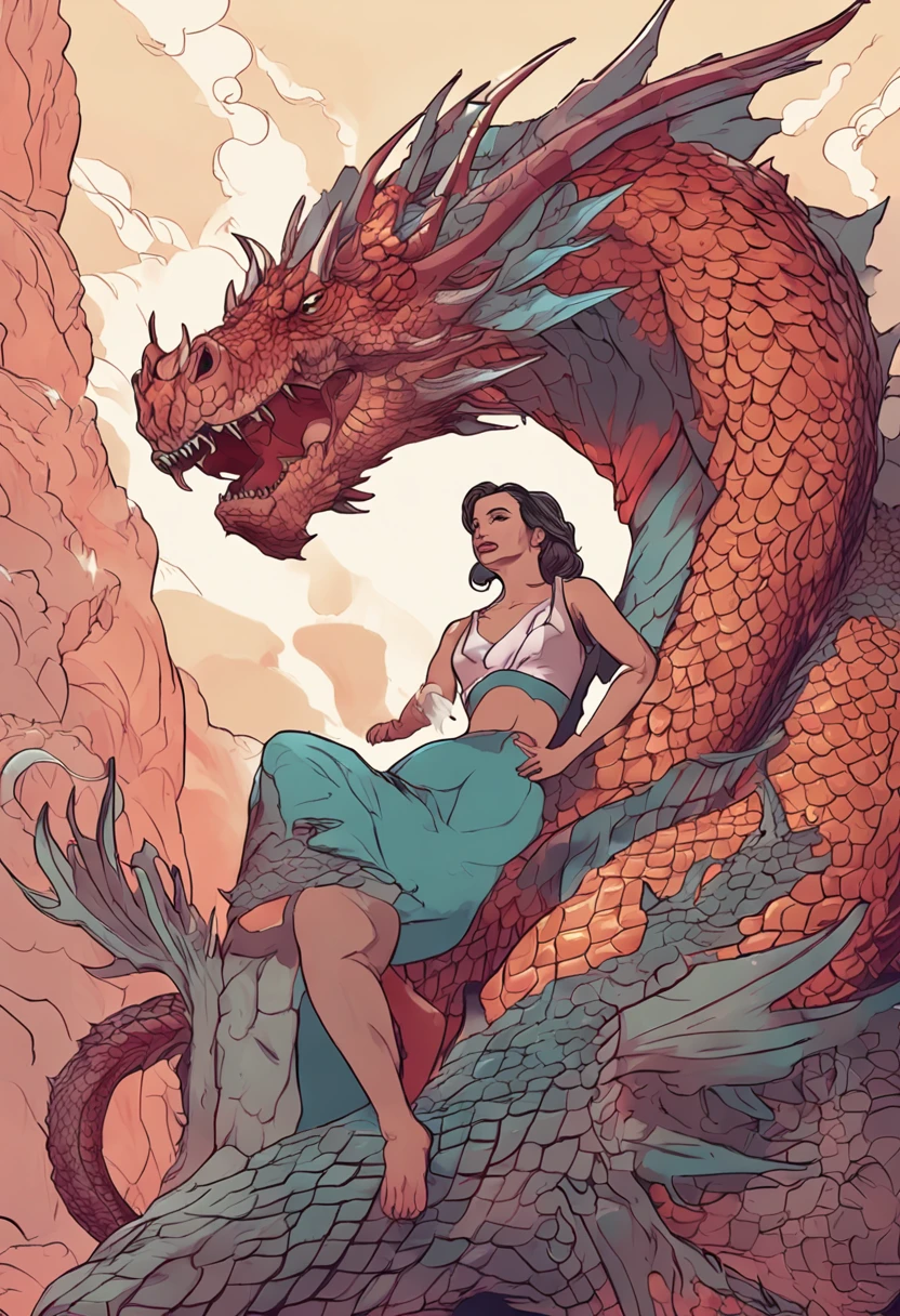 the woman is laying on top of a dragon and the dragon is breathing fire onto her, breasts, tail, wings, sharp teeth, horns, m/f, sex