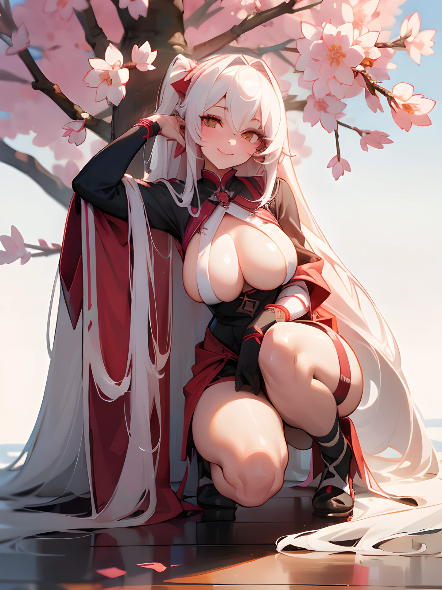 1girl, long white hair, big breast, seductive smile, full body, detailed hairs, Detailed red cheeks, A detailed face, sakura tree, high res, ultrasharp, 8K, masterpiece