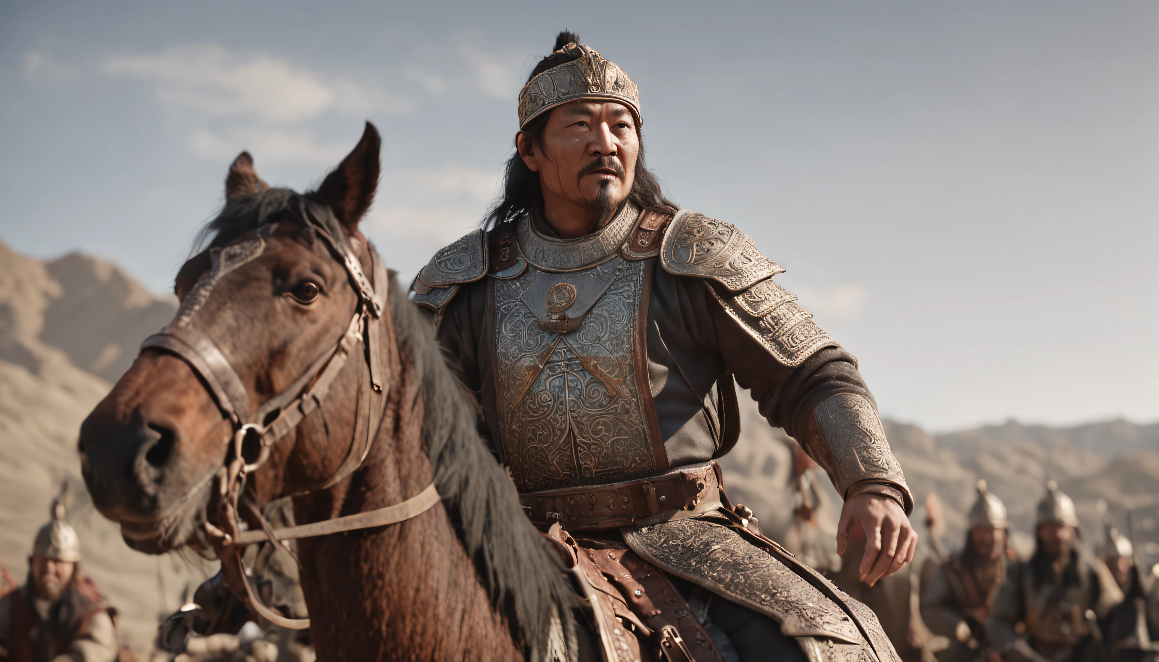 Genghis Khan with his powerful army, Cinematic, Hyper-detailed, insane details, Beautifully color graded, Unreal Engine, DOF, Super-Resolution, Megapixel, Cinematic Lighting, Anti-Aliasing, FKAA, TXAA, RTX, SSAO, Post Processing, Post Production, Tone Mapping, CGI, VFX, SFX, Insanely detailed and intricate, Hyper maximalist, Hyper-realistic, Volumetric, Photorealistic, ultra photoreal, ultra-detailed, intricate details, 16K, Super detailed, Full color, Volumetric lightning, HDR, Realistic, Unreal Engine, 32K, Sharp focus. --v testp