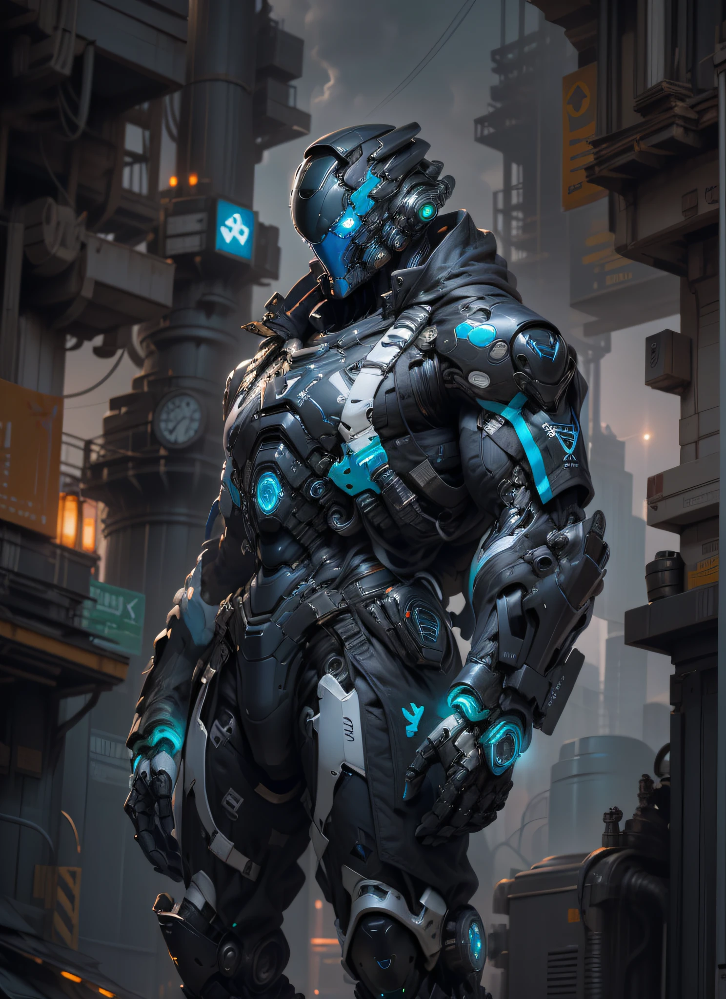 full body plane, ((a futuristic-looking blue chrome cyborg man)) with a fantastic ((square cyberhelmet head with blue lights)), dressed in a (((black and blue techwear))), humanoid robot, ((Iron gray tactical gloves)), UHD, anatomically correct, best quality, masterpiece