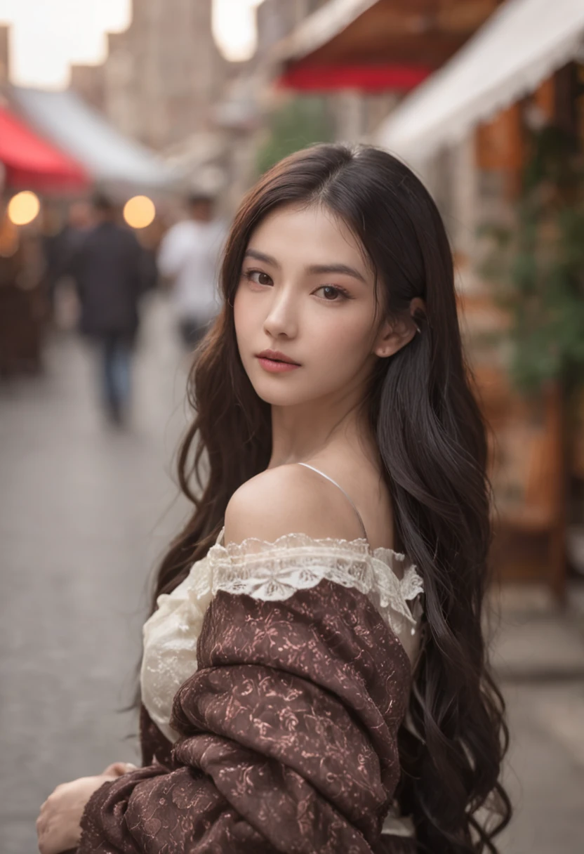 8K，tmasterpiece，hyper HD，Kizi（1.1），Back Shadow，Wearing a white slip dress（1.2），white stockings，black color hair，Walk through the bustling street market，Look up at the sky，As estrelas