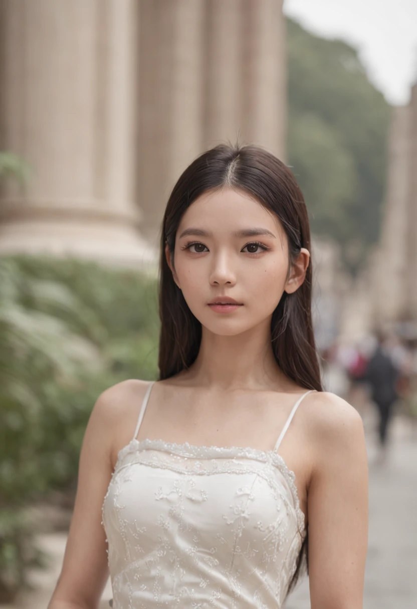 8K，tmasterpiece，hyper HD，Kizi（1.1），Back Shadow，Wearing a white slip dress（1.2），white stockings，black color hair，Walk through the bustling street market，Look up at the sky，As estrelas