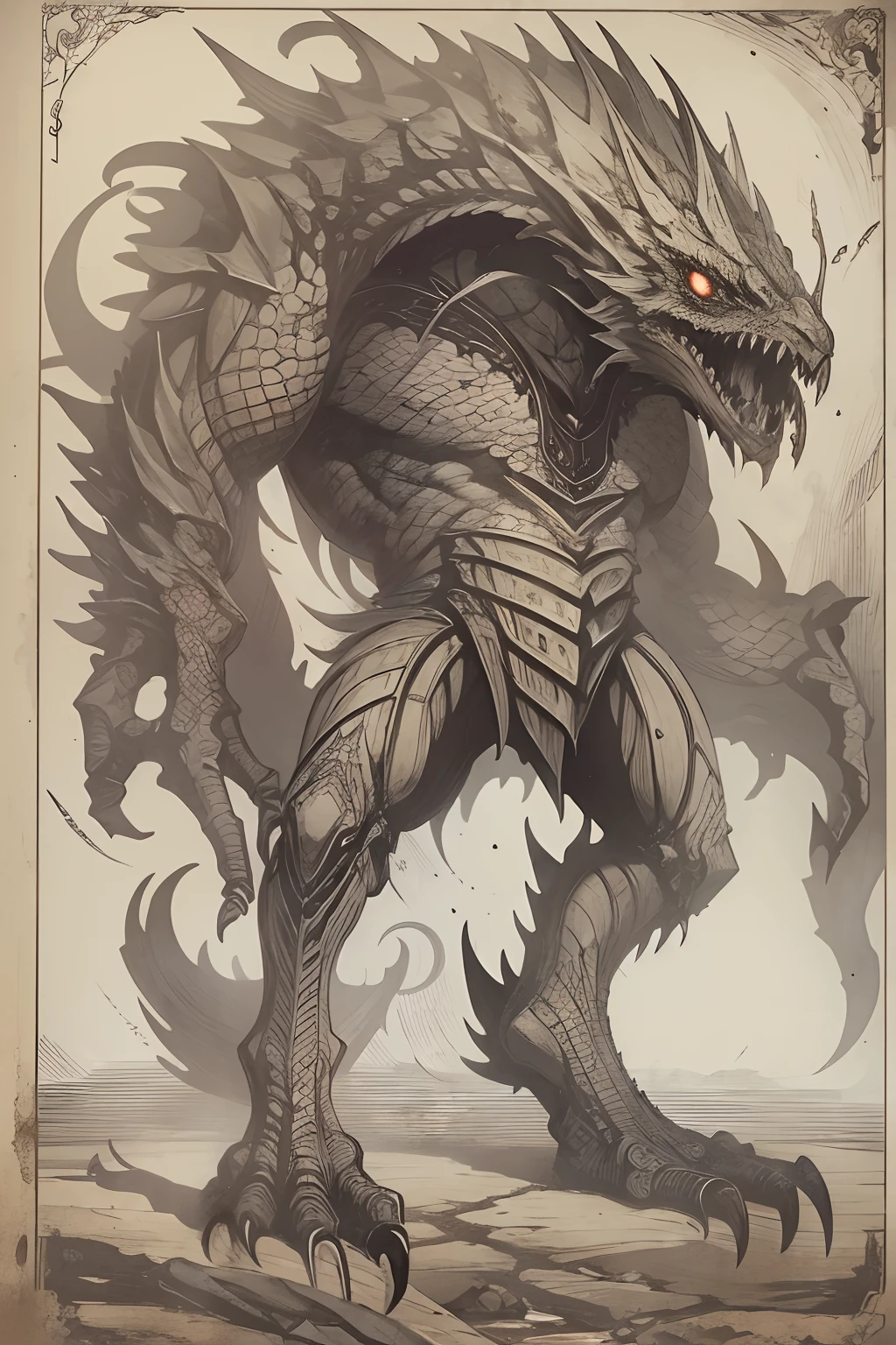 Standing drawing of the game character,Hell monsters,((Super huge, Thick and sharp giant claws)),(((Black antique hideous scales))),(((The scales are covered with thick barbs))),((Super thick and terrifying scales)),Wrap the whole body,((Bloodthirsty and murderous devil man)),slaughter,In a hurry to kill,Dynamic lines,depth of fields,Ugly face,(There was blood everywhere),((Blood dripped from between the paws)),stereoscopic perspective,Works of masters,super-fine,4K分辨率,high qulity,电影灯光,High picture detail,Look up from the bottom up,Ultra-wide viewing angle,Detailed pubic hair,Epic shooting