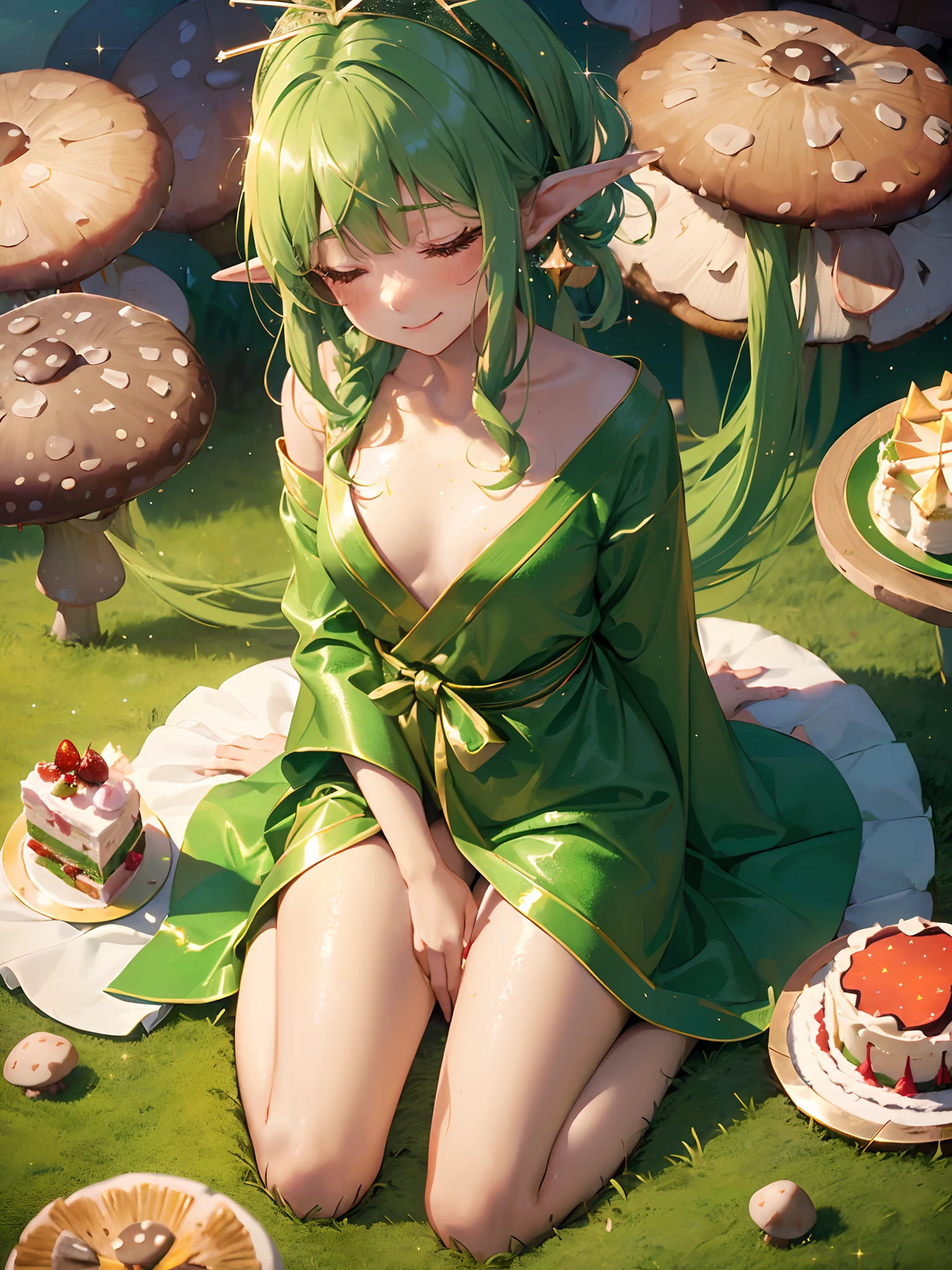 (cute girl wearing green robe), glittery hair, closed eyes,
break
(mushroom on head:1.2), waist-twist, (flat chest), ( hair ribbon, red), (sparkle:1.3), (Composition looking down from below:1.2), (sitting, wariza:1.3), (pray:1.2),
break,
E, elf, (embarrassed:1.2), smile, (tofu, cake:1.3), (morning:1.3),