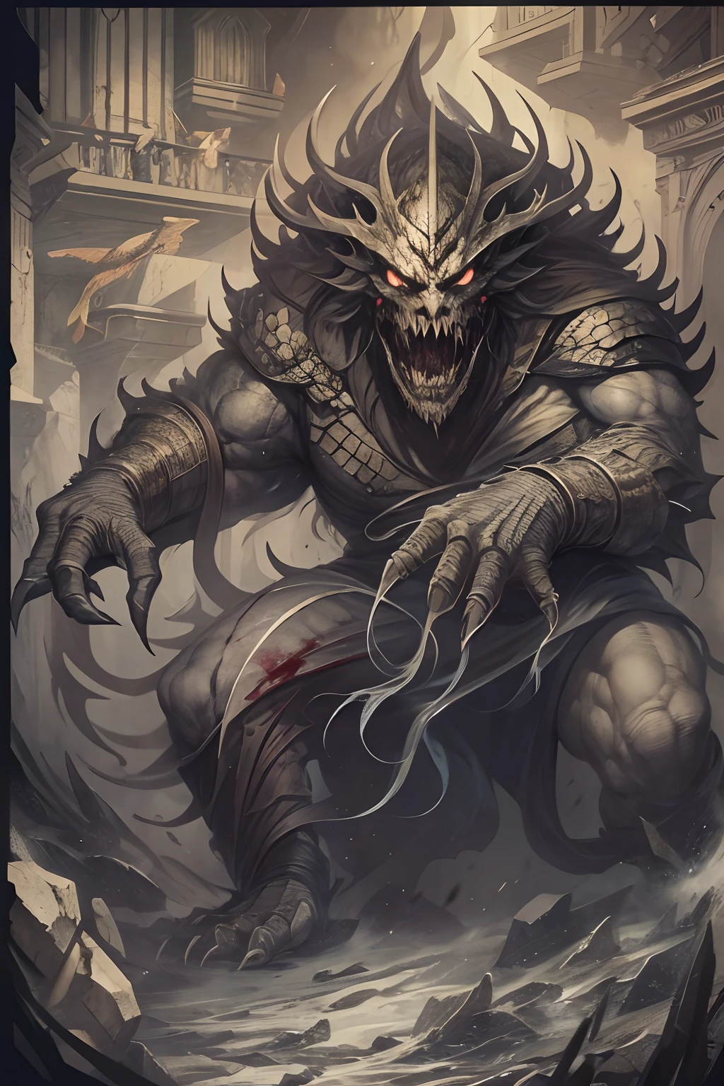 Standing drawing of the game character,Hell monsters,((Super huge, Thick and sharp giant claws)),(((Black antique hideous scales))),(((The scales are covered with thick barbs))),((Super thick and terrifying scales)),Wrap the whole body,((Bloodthirsty and murderous devil man)),slaughter,In a hurry to kill,Dynamic lines,depth of fields,Ugly face,(There was blood everywhere),((Blood dripped from between the paws)),stereoscopic perspective,Works of masters,super-fine,4K分辨率,high qulity,电影灯光,High picture detail,Look up from the bottom up,Ultra-wide viewing angle,Detailed pubic hair,Epic shooting