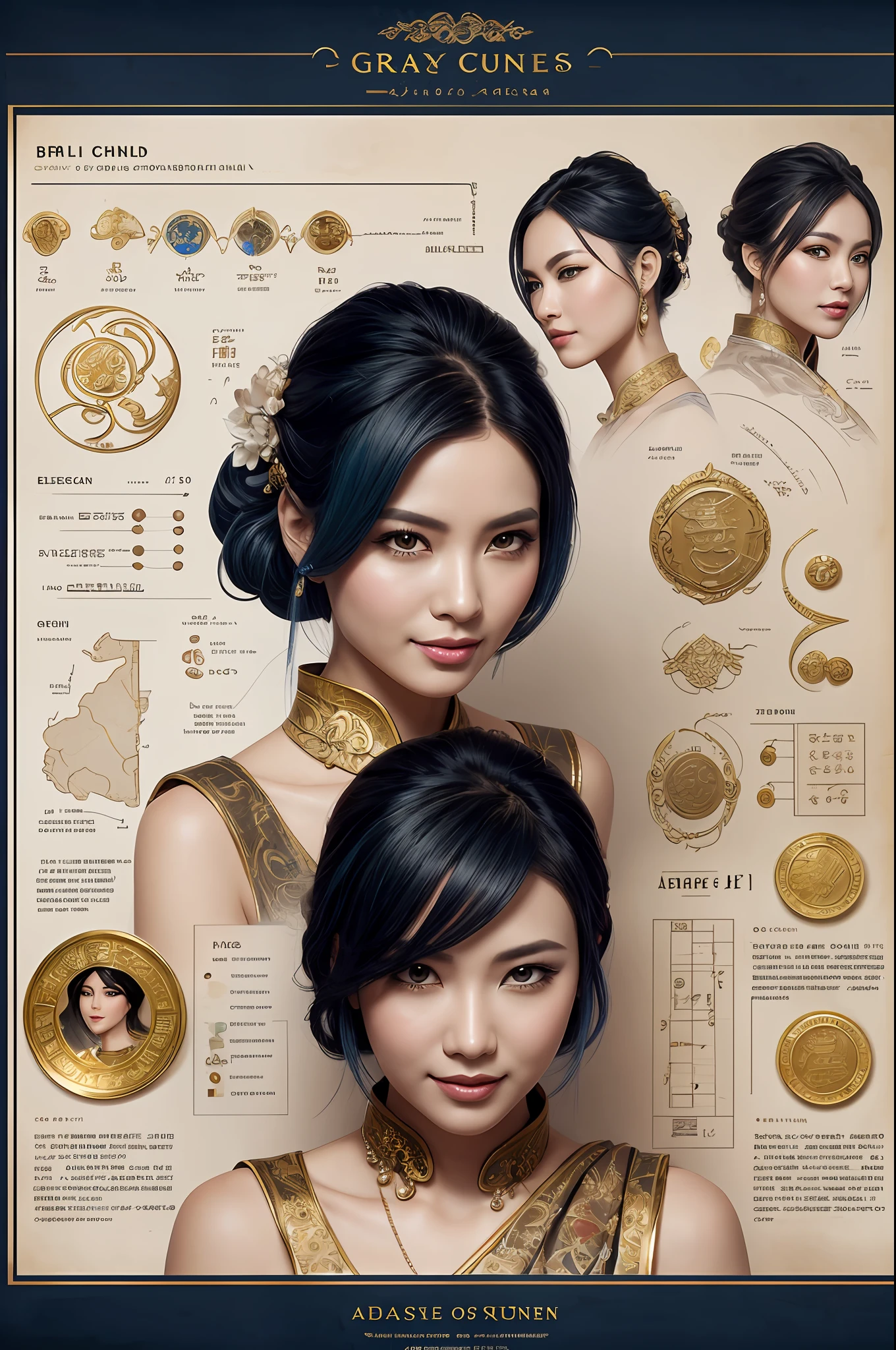 Adult woman, navy blue hair, The ends of gray hair, hairlong, beautiful hairstyle, hair ornament, white eyes, Chinese Clothing, Ornaments, Rings, Heels, Ancient Chinese themes, looking a viewer, Happy smile, overhead view, Lies on the money, gold coins, A mountain of money, Fantasy art, Beautiful painting of characters, Works of art in the style of Guvaika, epic exquisite character art, stunning character art, Beautiful rich Woman, perspective, really happy, closed eye, overhead view(reference sheet:1.5)