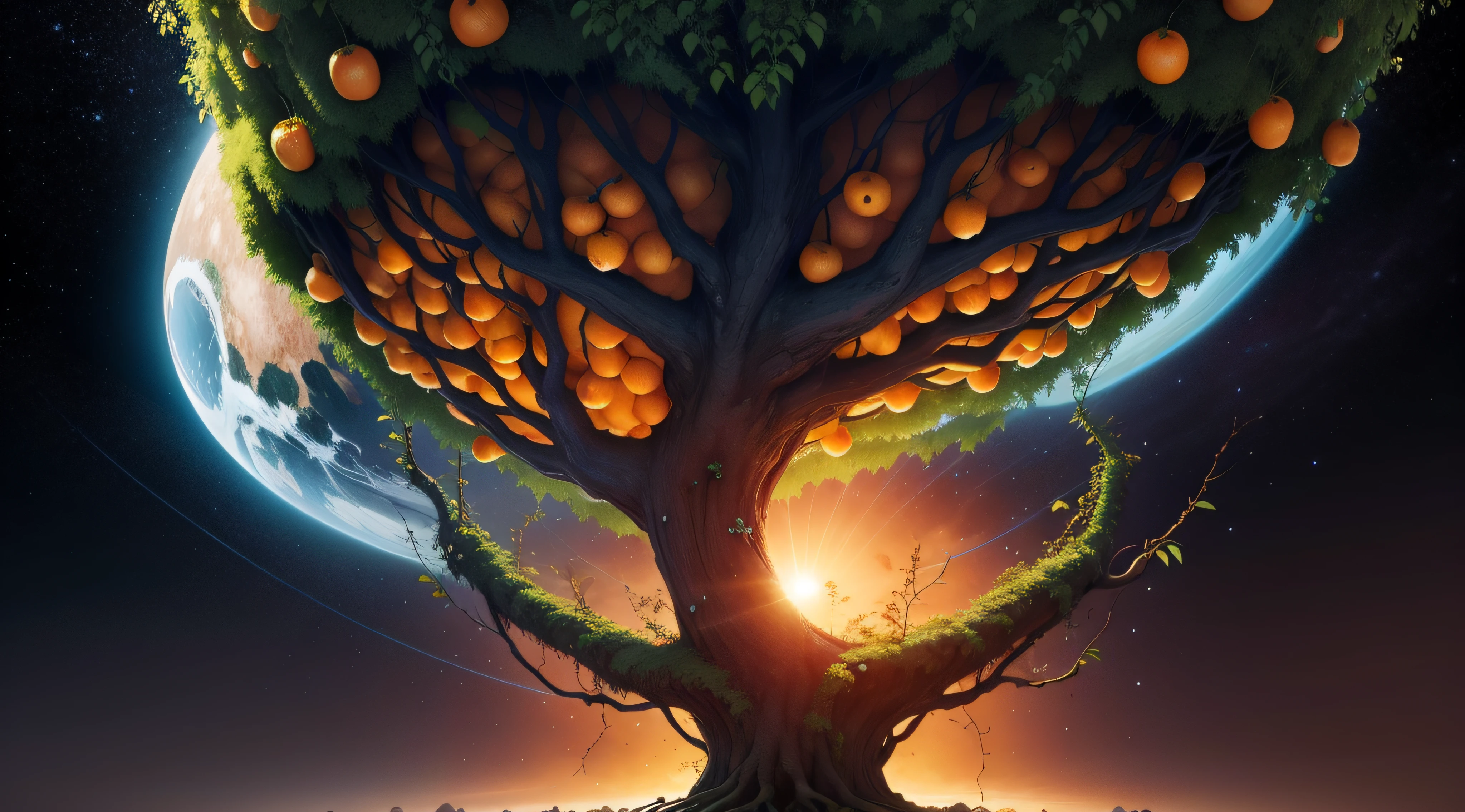 Mysterious universe. Terre en fusion, fruit tree filled with oranges and vines clinging between the growing cracks around the cracking planet. The planet flies into the starry universe and the tree overlooks the whole, laissant parfois tomber des fruits