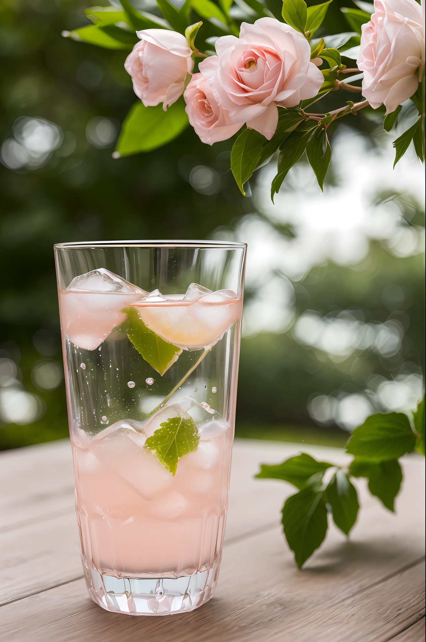 Large glass of cold ice and pale pink soda, Summer Feeling, delicado, Ultra detallado, Luz suave, bokeh de enfoque de campo profundo, Trazado de rayos, distracted, ultrafino, taza redonda, Linda taza ovalada, Fondo verde claro, papel de pared, verde de fondo, Super delicate water pattern (ultra-fine glass reflection)、Serve with small flowers、