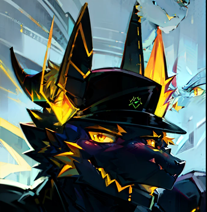 head portrait,lizard,Lizard head,Dragon's horn,Abs,Mature male,The whole body is covered with dark yellow hair,Seductive expressions,((Black police cap)),Bright yellow glowing tongue,Devilish yellow pupils