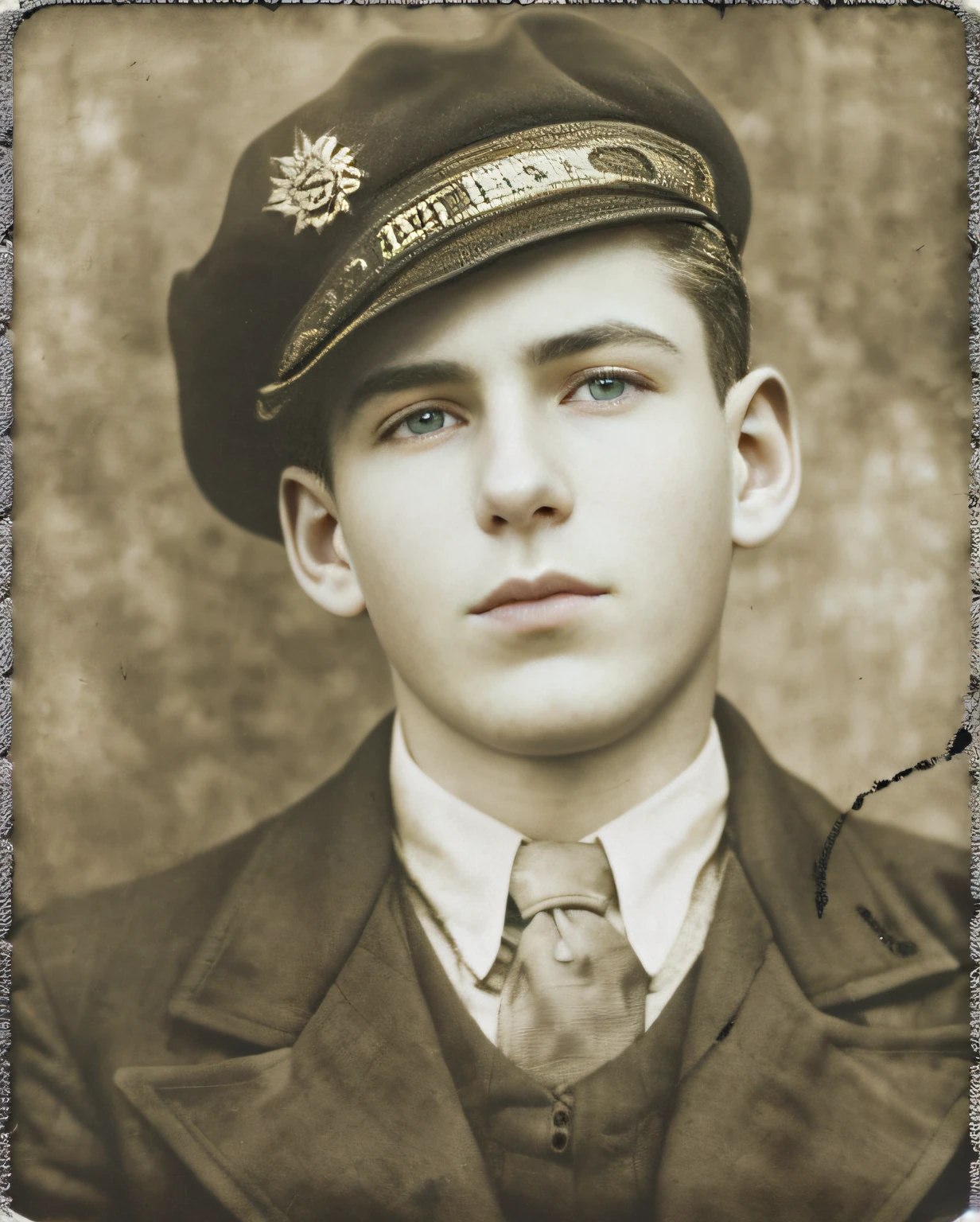 keep all the details, only try to increase the quality, restore the photo, blue eyes, remove the stamp. arafed photo of a young man in a uniform and tie, felix kelly, world war 2 portrait photo, patrick o'keeffe, portrait of archie andrews, portrait n - 9, aged 2 5, frank stephenson, harry wingfield, ray fawkes, by Edward Corbett, close portrait, taken in the early 1930s
