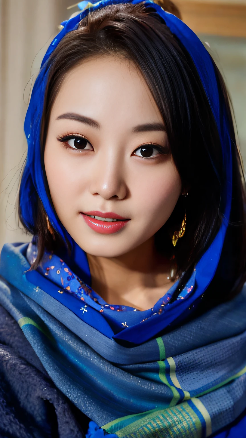 arafed asian woman with blue scarf and head scarf, korean woman, beautiful south korean woman, beautiful young korean woman, gorgeous young korean woman, korean girl, a young asian woman, portrait of female korean idol, young asian woman, heonhwa choe, asian woman, closeup portrait shot, close - up portrait shot, an asian woman, asian beautiful face