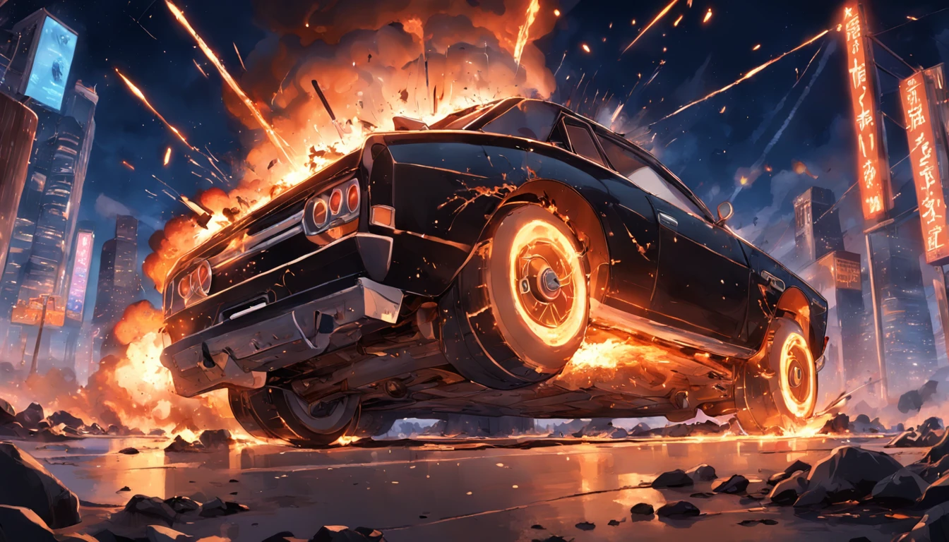 The bullet collides with its target, setting off a chain reaction of explosions that ripples through the line of cars. Fire and debris erupt into the night sky, an explosive symphony orchestrated by Luna's audacity.