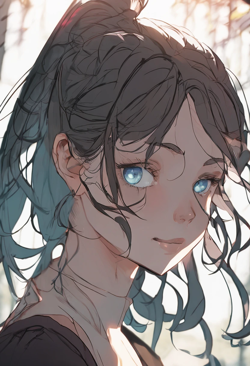 black hair, hair bobbles, wince, longeyelashes, solid circle eyes, fake animal ears, light smile, ear blush, fang, Surrealism, drop shadow, anaglyph, stereogram, tachi-e, pov, atmospheric perspective, halftone, panorama, 8k, super detail, ccurate, best quality, 1080P