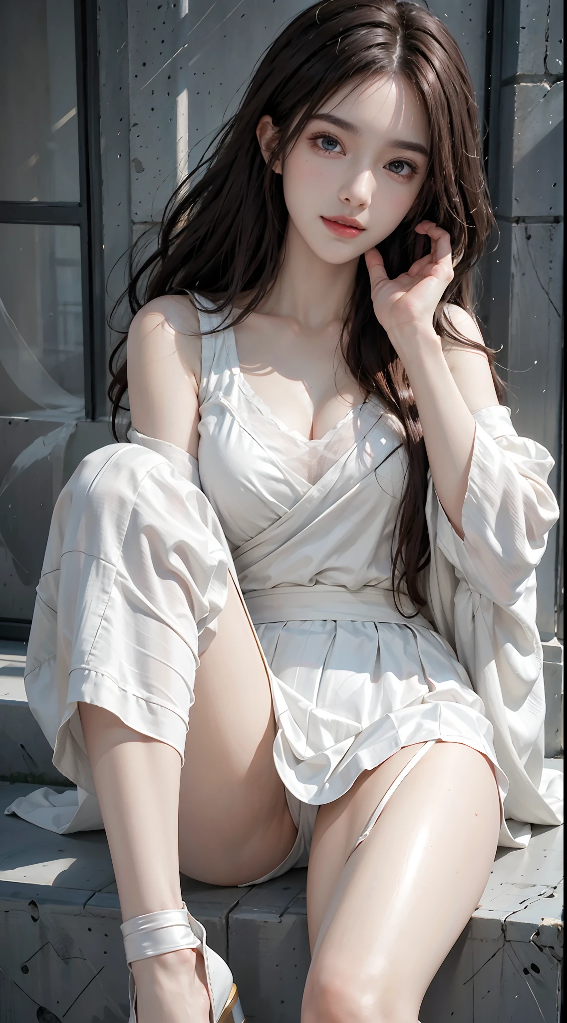 (masterpiece),((ultra-detailed)), (highly detailed CG illustration),(expressionless), (best quality:1.2),realistic8K UHD,High definition,(1girl:1.2),High quality texture,intricate details,detailed texture,finely detailed,high detail,extremely detailed cg,High quality shadow,a realistic representation of the face,Detailed beautiful delicate face,Detailed beautiful delicate eyes, black eye pupil, a face of perfect proportion,Depth of field,Cinematic Light,Lens Flare,Ray tracing,perspective,20s, Prominent Nose,slender face,tall girl, (big eyes:1.2),blush,glossy lips,perfect body,lean body,Particles of Light,(narrow waist:1.3),large breast, distinct_image, high_resolution, (lustrous skin), solo focus, , (finely detailed beautiful eyes and detailed face),(detailed face), (hair streaked hair), light source contrast, brown hair, medium hair, ((smile)), (pureerosface_v1:0.5) , (ulzzang-6500-v1.1:0.5), white skirt, high heel shoes