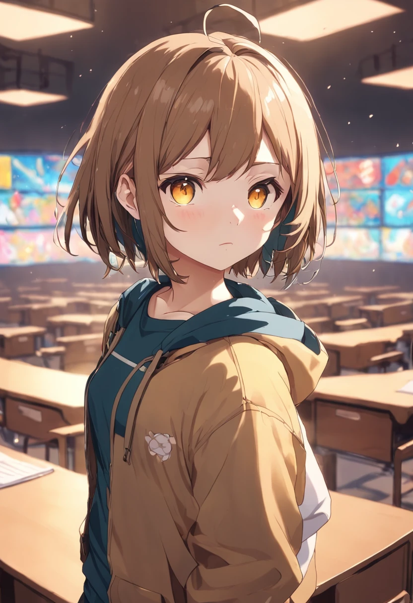 masutepiece, Best Quality,Illustration, Wallpaper, Ultra Detail, absurderes,Wearing a hoodie over a shirt, 1loli, Solo, (Medium short hair、Short braided brown hair), Beautiful detailed yellow eyes , (Clear department), Classroom,(a panoramic view:1.3),(Sense of depth:1.5),(longshot:1.3)