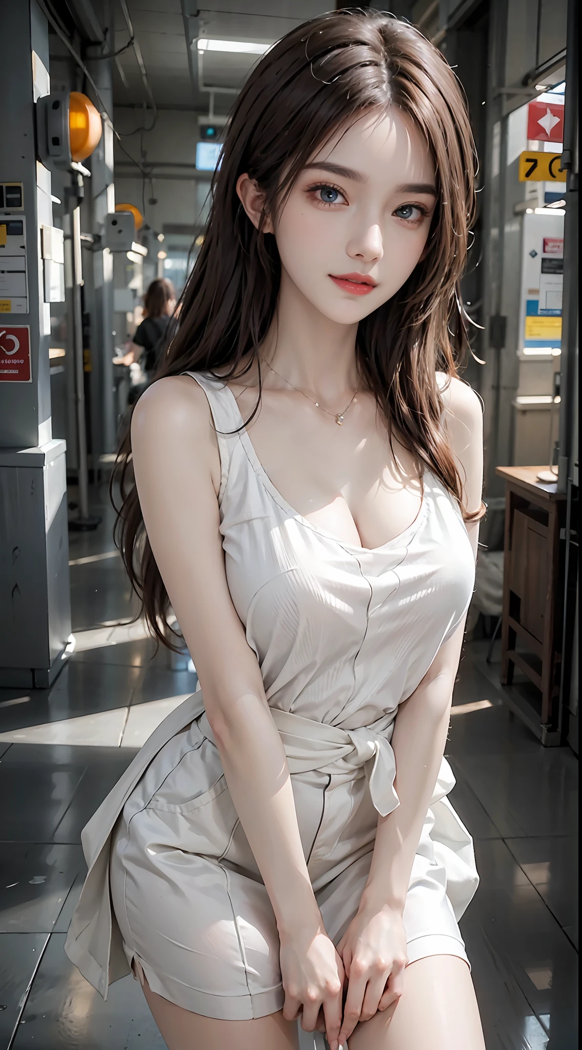 ((cowboy shot)), Shot from a random perspective, 22-year-old Asian model, slim, Slimming the waist, curlies, JK clothing, Pink shirt, White pleated skirt, cropped shoulders, warm lights, Warm tones Slender legs, Cross ed leg, In the park, Sit Pose, sitting on a bench, blonde hair, streaked hair, hair ornament, heart-shaped pupils, makeup, light smile, shy, licking lips, Romanticism, Social realism, chiaroscuro, motion blur, anaglyph, Sony FE GM, UHD, masterpiece, textured skin, super detail, best quality