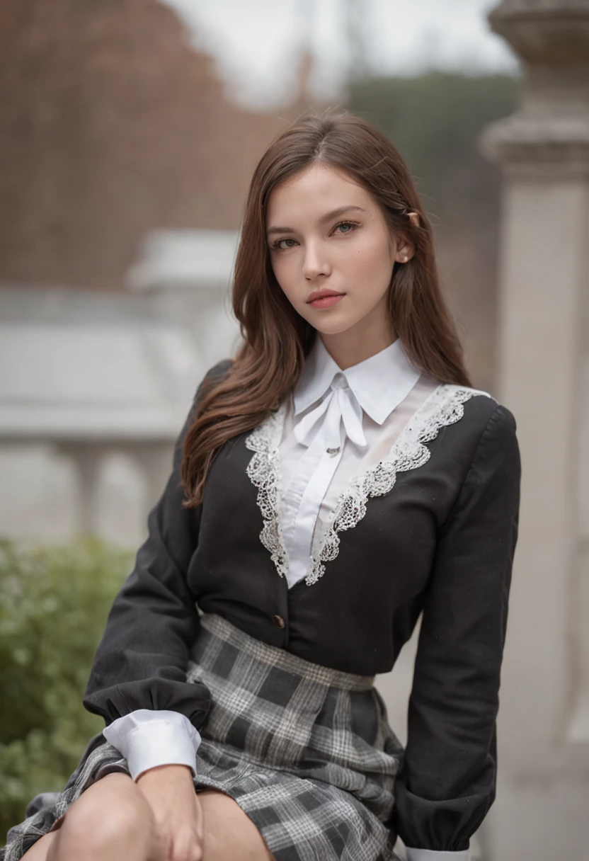 8K,tmasterpiece,hyper HD,Kizi,Fashionable outfits(black andwhite),White checkered shirt,black short skirt,Realistis,Beautiful