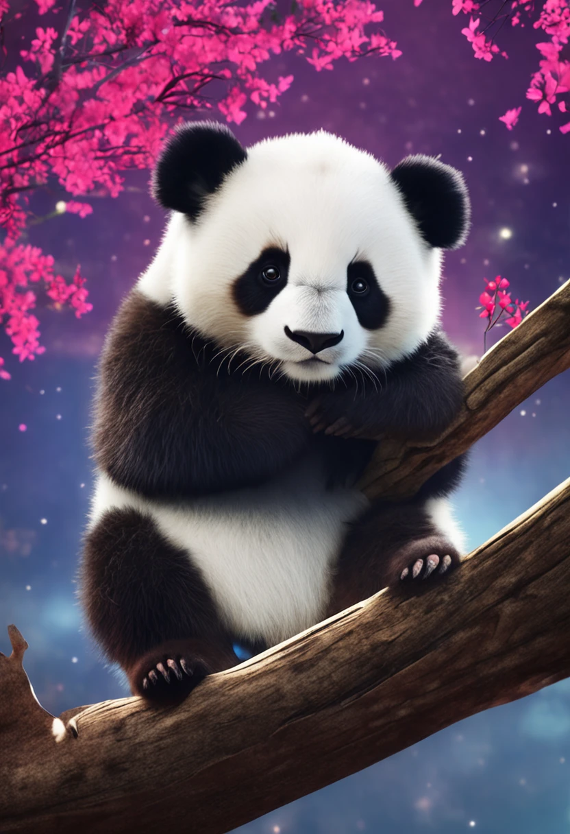 Panda sitting in a tree，Paw on the branch, Cute panda, a cute giant panda, panda panda panda, tian zi, Panda, cute animal, he is very relaxed, cute single animal, relaxing after a hard day, aaaaaaaaaax, BREAK BREAK BREAK, peaceful looking animals,。He is in the background of a starry sky