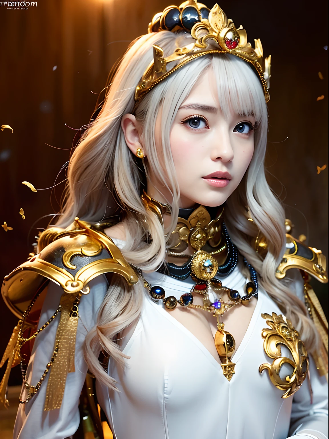 (masutepiece), Professional , ​masterpiece、top-quality、photos realistic , depth of fields （Gemstone White Metal Body:1.９),(Matte White、Jewel Gold Weapon（Jewel Metal Body:1.４),Gorgeous metal weapons ,（（ Detailed Sword of the Brave）） , Beautiful knife   ,warhammer 40k , adepta sororitas,Detail and ornate jewel crown、（（Golden hair））、（（Gangle's forest background））、Beautiful Caucasian beauty、１a person、dynamic ungle,(((Detailed and ornate diamond crown)))、Smaller head、A smile、Background inside the castle、Thin and beautiful female hands、cleavage of the breast、Soldier in iron armor on background、Mystical expression、Light Effects、intense fighting、