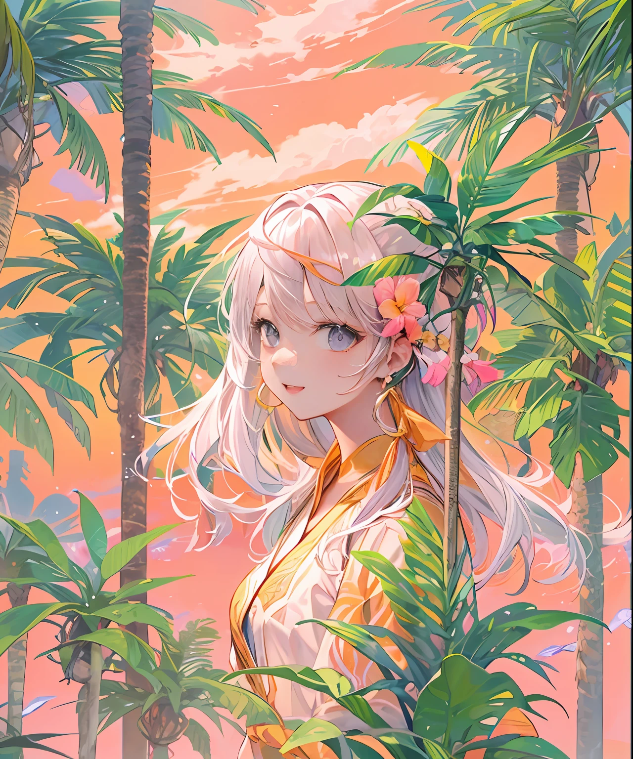 (((​masterpiece)))、(((top-quality)))、((ultra-detailliert))、(illustratio)、((extremely delicate and beautiful))、、Bright smile、floating、Light purple hair、(Detailed light) (1girl in)、、独奏、The long-haired、The wind is blowing、A WORLD、（cute eye）、Palm tree beach painting close up, paper, tropical vibe, Palm trees, tropical paradise, Orange sky, Palm trees, pastel orange sunset, iphone wallpaper, The aesthetics of landscape wallpaper, Tropical Palm,, Palm trees, Beach aesthetics, Orange sky, tropical landscape，