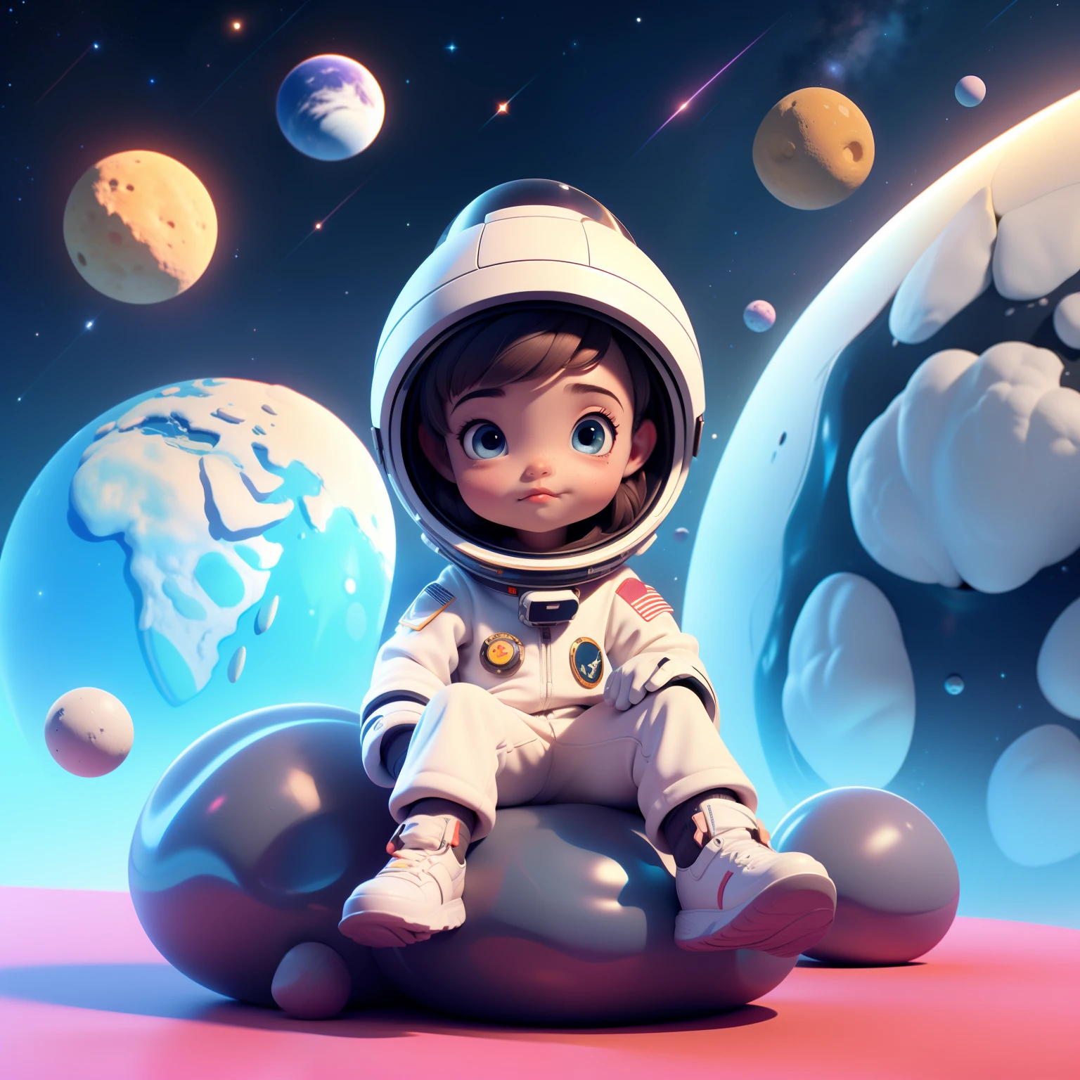 3DCHARACTER, Roupa de astronauta, (corpo inteiro: 1.2), fundo simples, obra-prima, melhor qualidade, (fundo gradiente: 1.1), 1 homem, Desenhe um de 6 anos com pele parda, e olhos pretos programador, Sitting on a research platform floating in the middle of an asteroid belt watching the planet Earth