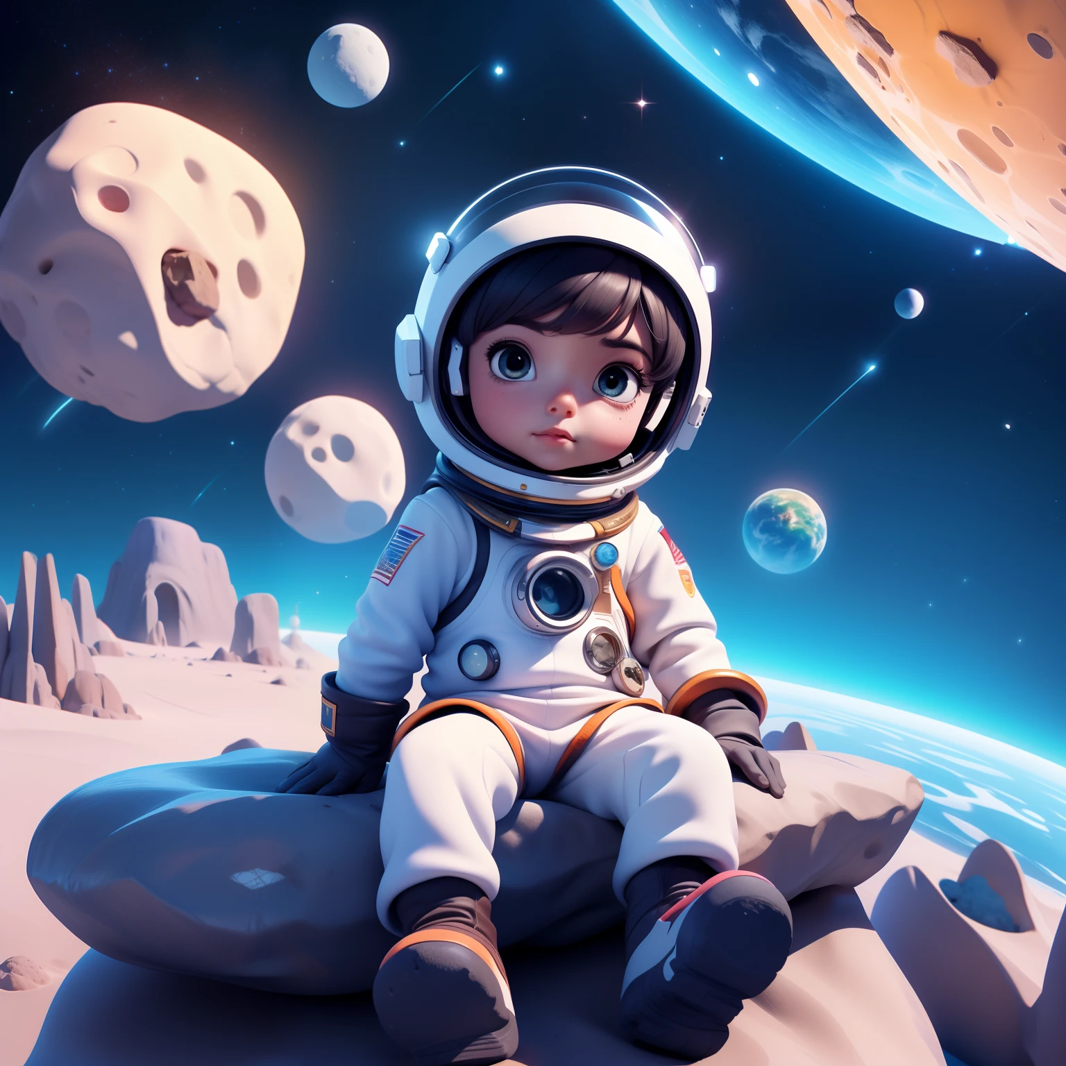 3DCHARACTER, Roupa de astronauta, (corpo inteiro: 1.2), fundo simples, obra-prima, melhor qualidade, (fundo gradiente: 1.1), 1 homem, Desenhe um de 6 anos com pele parda, e olhos pretos programador, Sitting on a research platform floating in the middle of an asteroid belt watching the planet Earth