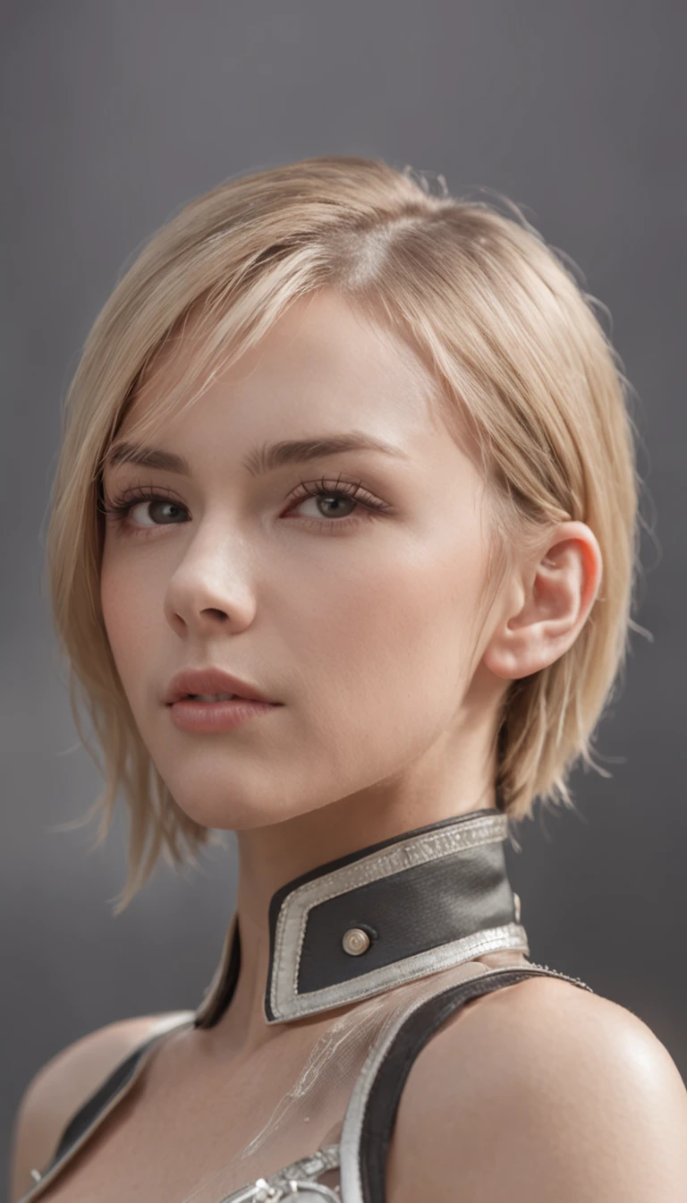 Australian woman, with accurate features, strong jawline,short hair, blonde hair, dynamic angle shot, neck zoomed in, side view profile centered, wide high angle view, wearing futuristic military uniform, science fiction