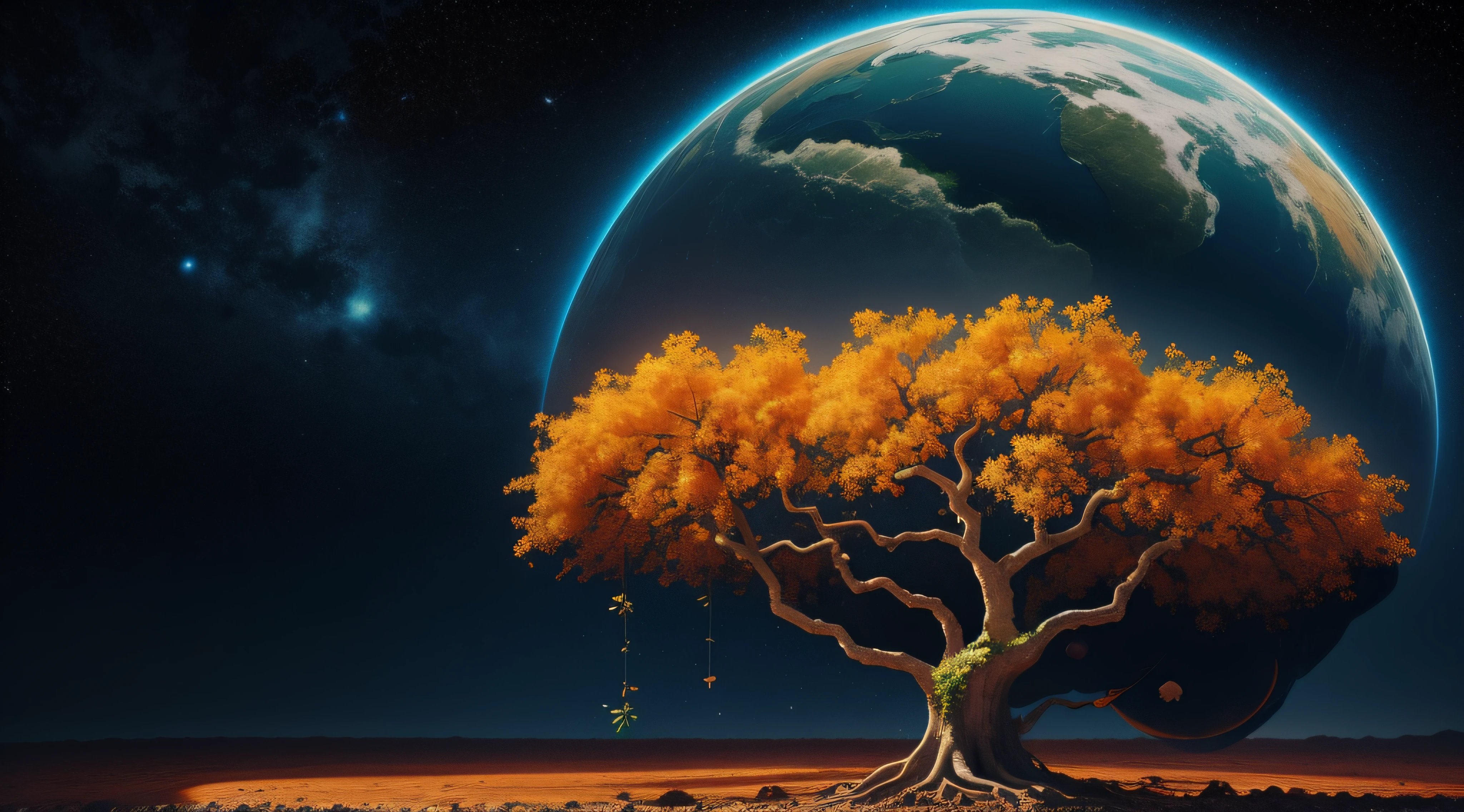 Terre en fusion, fruit tree filled with oranges and vines clinging between the growing cracks around the cracking planet. The planet flies into the starry universe and the tree overlooks the whole