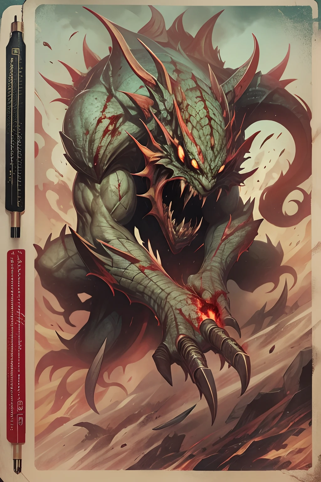 Standing drawing of the game character,Hell monsters,((Super huge, Thick and sharp giant claws)),(((Black antique hideous scales))),(((The scales are covered with thick barbs))),((Super thick and terrifying scales)),Wrap the whole body,((Bloodthirsty and murderous devil man)),slaughter,In a hurry to kill,Dynamic lines,depth of fields,Ugly face,(There was blood everywhere),((Blood dripped from between the paws)),stereoscopic perspective,Works of masters,super-fine,4K分辨率,high qulity,电影灯光,High picture detail,Look up from the bottom up,Ultra-wide viewing angle,Detailed pubic hair,Epic shooting