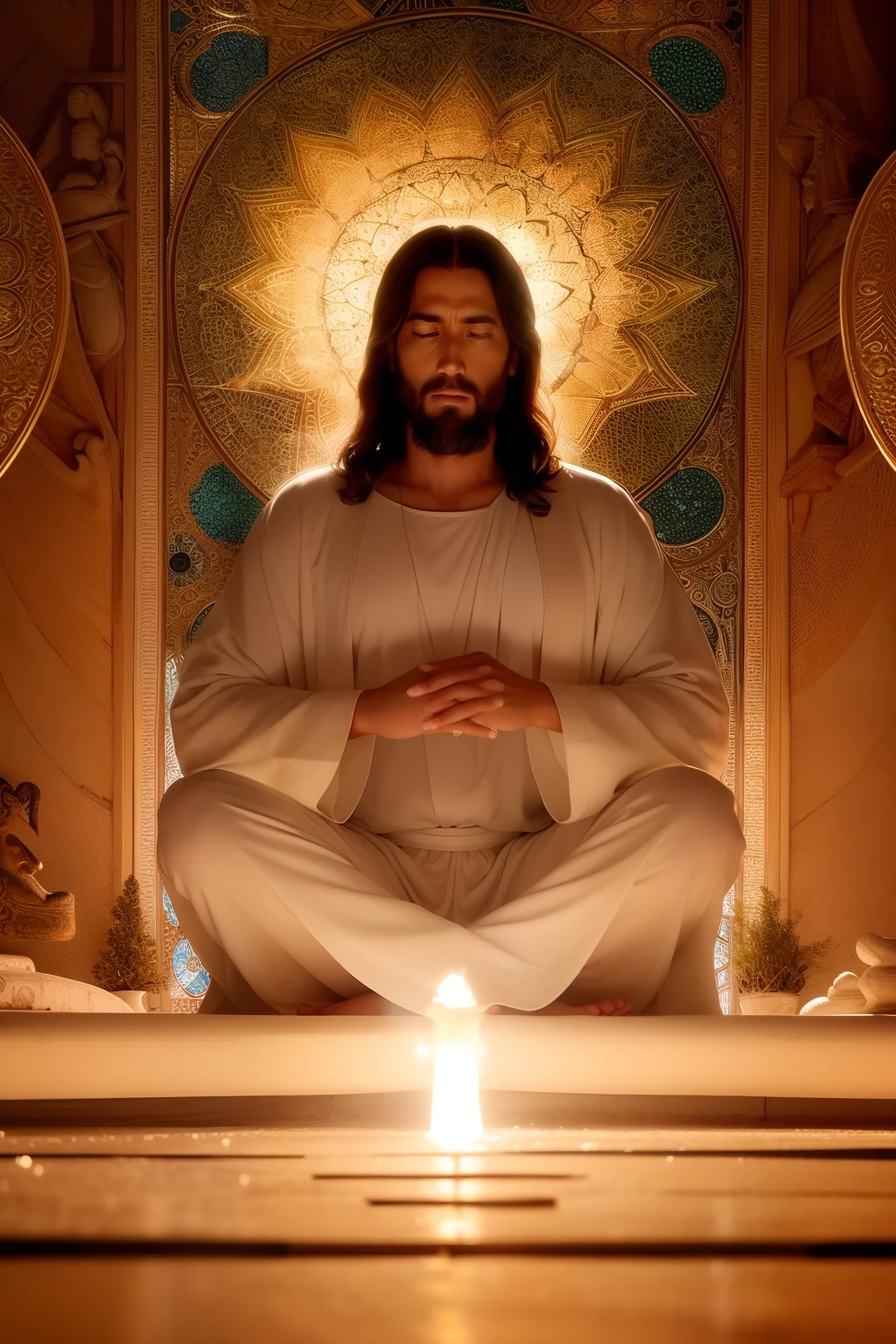 Jesus, the Philosopher of Wisdom" description: In this unique creation in SeaArt, we portray Jesus Christ as a philosopher of wisdom, Exploring the depths of human knowledge and understanding. With Arabic strokes and evocative colors, This image captures the transcendental essence of his wisdom and compassion. The scenario shows Jesus in the midst of a serene environment, sitting on a lotus flower. Seu olhar profundo reflete uma mente iluminada, mergulhada nas verdades universais do ser e do existir. Por meio dessa arte inspiradora, Witness the fusion between spirituality and the search for truth, representing Jesus not only as a religious figure, but as an eternal symbol of wisdom and love. His calm posture and gentle gestures radiate a presence that transcends time, inviting us to reflect on the purpose of life and the mysteries of the universe. Explore cada detalhe meticuloso desta imagem, where knowledge and compassion come together in harmony. Feel the connection to the brilliant mind of the Philosopher of Wisdom and let his words touch the core of your soul. Ao contemplar essa obra, allow yourself to be inspired by the timeless lessons Jesus taught us, inviting us to seek inner truth and to understand the inestimable value of empathy and mutual understanding. Get ready for a journey of reflection and self-discovery, in which the philosophy of Jesus echoes through the ages, illuminating the path to a more meaningful and enriching existence.