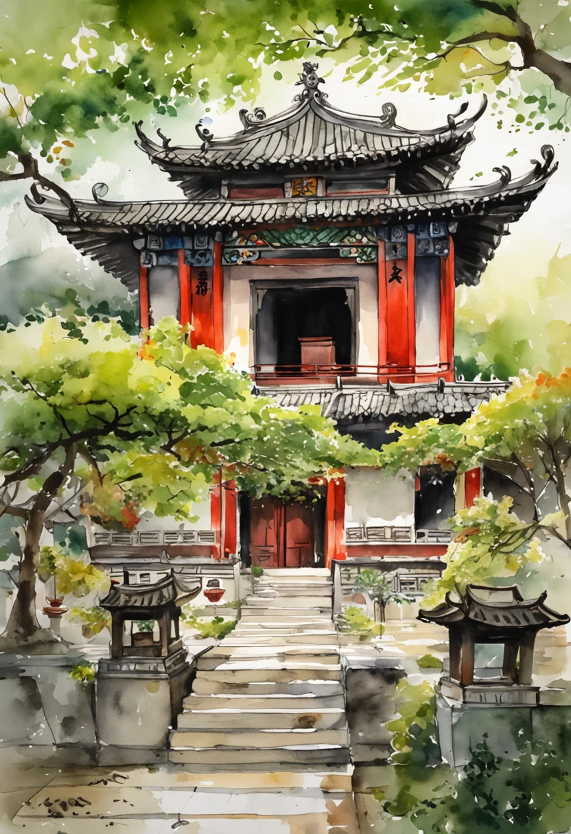 In a quaint Han Dynasty style temple，There are numerous buildings，The courtyard is covered with moss，There are many ancient trees outside the temple，There was a young monk cleaning the fallen leaves on the steps，There was a light rain in the sky，no sun