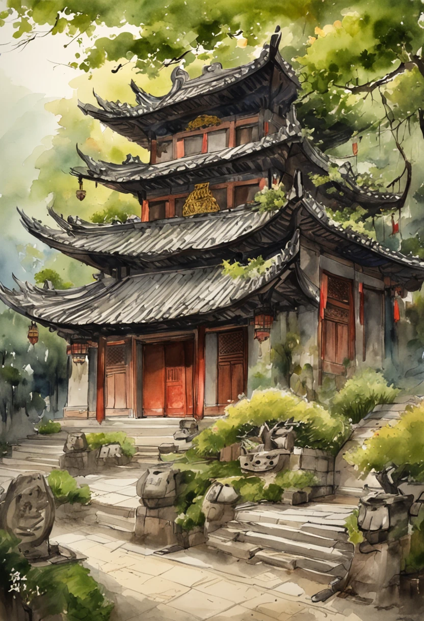In a quaint Han Dynasty style temple,There are numerous buildings,The courtyard is covered with moss,There are many ancient trees outside the temple,There was a young monk cleaning the fallen leaves on the steps,There was a light rain in the sky,no sun
