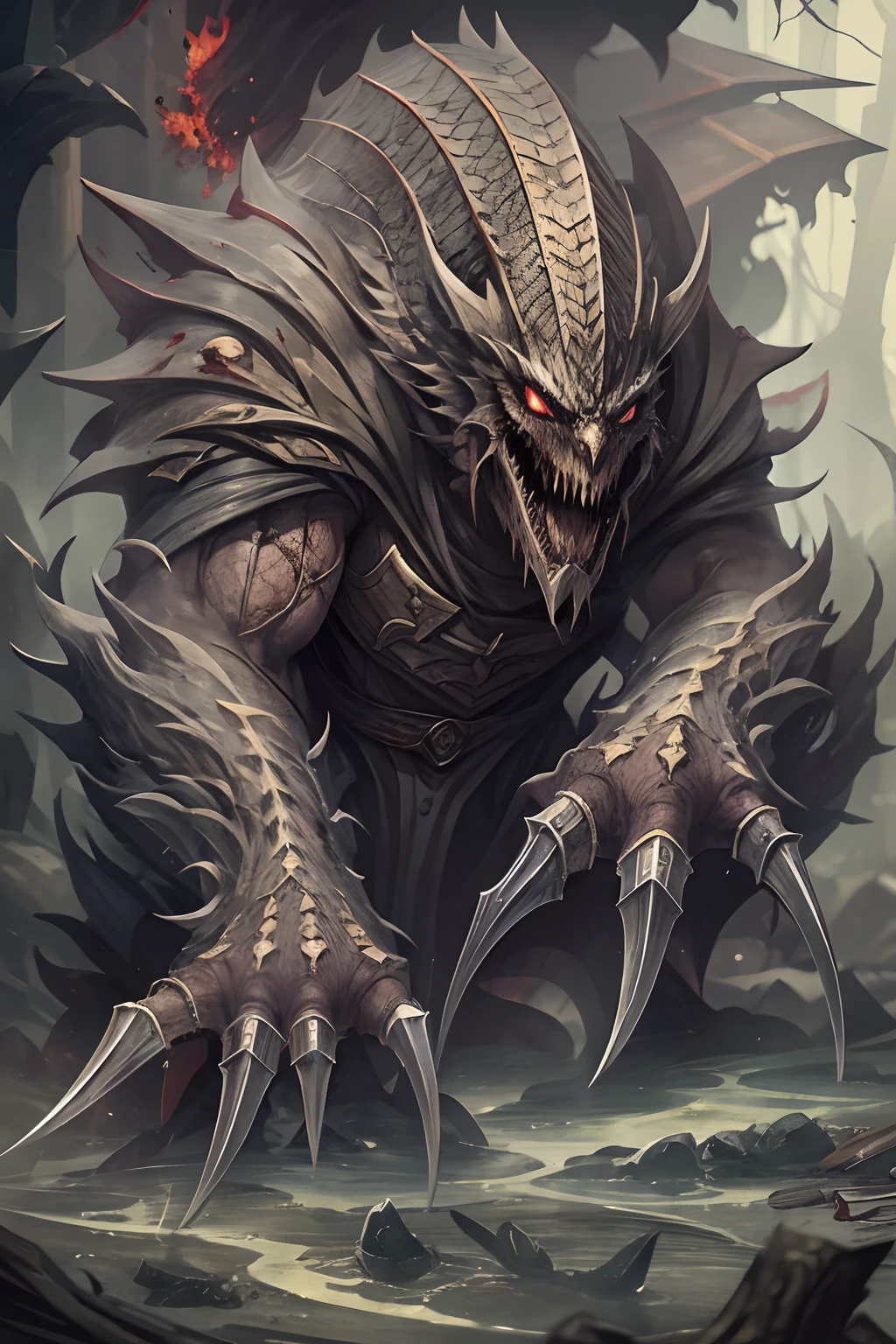 Standing drawing of the game character,Hell monsters,((Super huge, Thick and sharp giant claws)),(((Black antique hideous scales))),(((The scales are covered with thick barbs))),((Super thick and terrifying scales)),Wrap the whole body,((Bloodthirsty and murderous devil man)),slaughter,In a hurry to kill,Dynamic lines,depth of fields,Ugly face,(There was blood everywhere),((Blood dripped from between the paws)),stereoscopic perspective,Works of masters,super-fine,4K分辨率,high qulity,电影灯光,High picture detail,Look up from the bottom up,Ultra-wide viewing angle,Detailed pubic hair,Epic shooting
