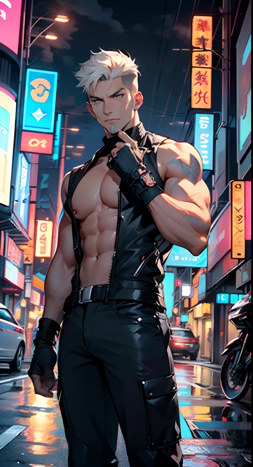 muscular man,(((1man))),((anime man muscular walking down the street)),

(((1male,man,handsome man,male,male gender,male focus))),

((short white hair)),(((lustrous skin:1.5,tanned skin,bright skin: 1.5,skin tanned,shiny skin,very shiny skin,shiny body))),((detailed eyes,perfect eyes,rainbow glows ultra-detailed orange brown eyes:1.1,gradient eyes:1,finely detailed beautiful eyes:1,symmetrical eyes:1,big highlight on eyes:1.2,exaggerated muscles,exaggerated shoulders,very muscular and huge)),man chest,handsome face,((((muscular,hairy body,muscular man,tall,big biceps,abs,big thighs,broad shoulders,open chest)))),((hand consists of a short thumb and four fingers,a hand with only five fingers,(detailed face))),(((square jaw))),

alluring look,nsfw,

(((bare chest,shirtless))),motorcyclist pants,((bulge in pants)),((motorcyclist outfit)),(wearing a motorcyclist outfit:1.3,motorcyclist clothes),(detailed outfit,detailed clothes),

(dynamic pose:1.0),solo focus,((evil smile,evil look)),centered,scale to fit dimensions,Rule of thirds,

outdoors,((night view)),(very pretty city neon synthwave,cyberpunk night street Background:1.5,dark sky,thick clouds),future vehicles,((neon lights)),thick clouds,(cyberpunk style,neon lights, (synthwave theme background), lonely street),(((detailed background:1.25))),

(best quality),(high resolution),(sharp focus),(ultra detailed),(extremely detailed),(extremely high quality artwork),8k_wallpaper,(extremely detailed CG 8k),(very fine 8K CG),((hyper super ultra detailed perfect piece)),flawless,(((masterpiece))),illustration,vibrant colors,(intricate),High contrast,Selective lighting,Double exposure,HDR (High Dynamic Range),Post-processing,Background blur,