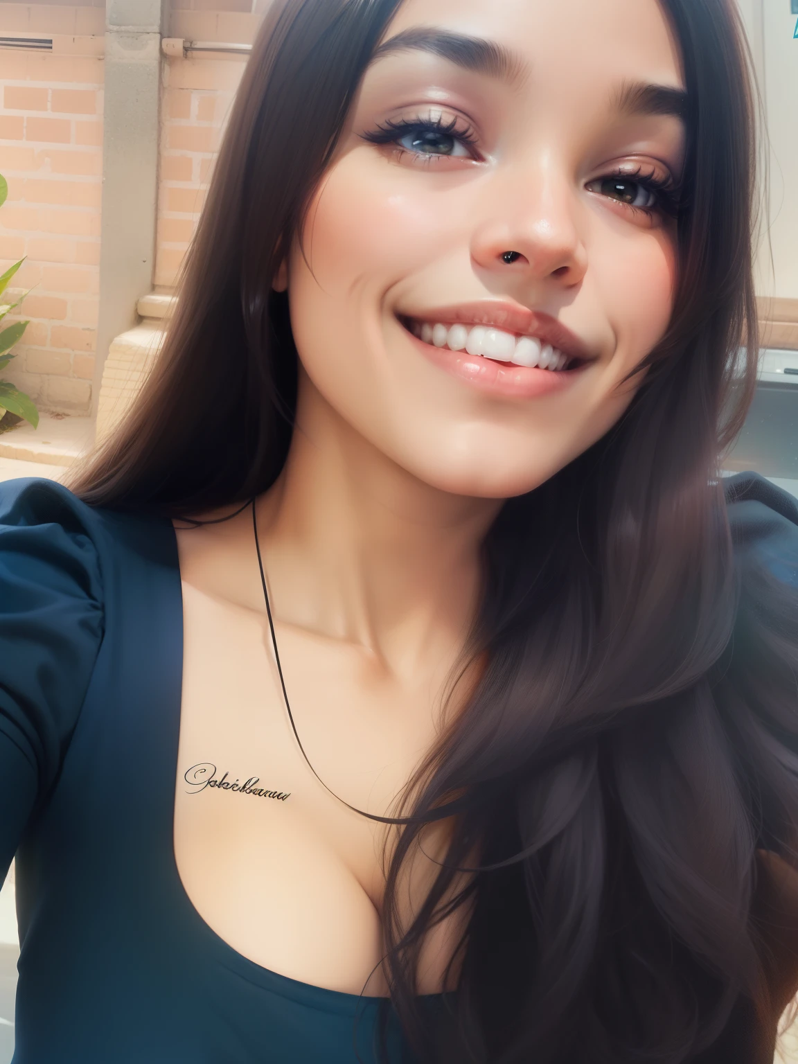 Morena, cabelo cacheado, sorrindo