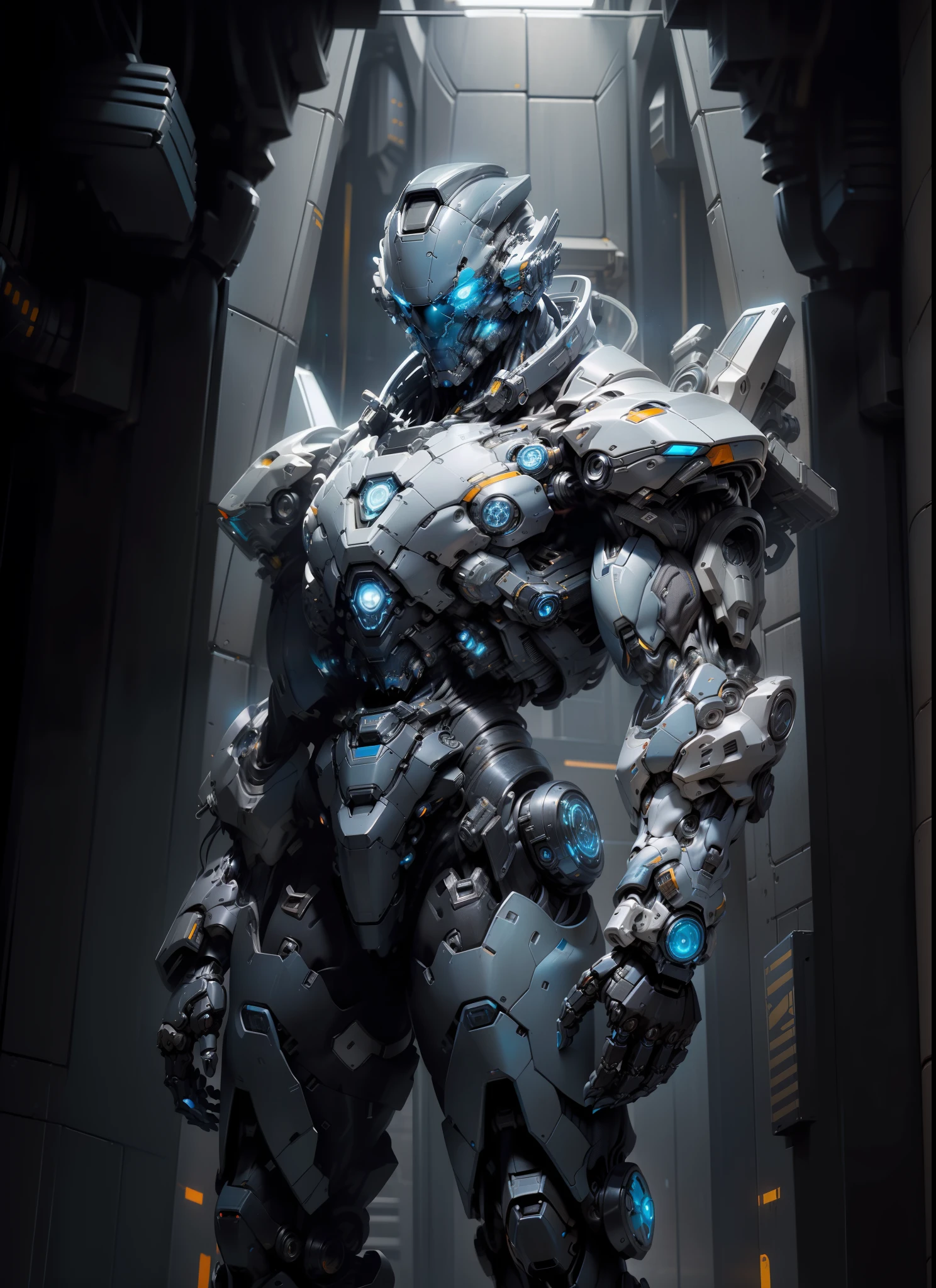 full body plane, ((a futuristic-looking cyborg man, blue chrome Mecha)), humanoid robot, ((Iron gray tactical gloves)), black and blue techwear, Mechanical arms, Mechanical neck, ((a fantastic square cyberhelmet head with blue lights)), armor, cyberpunk city, UHD, anatomically correct, best quality, masterpiece