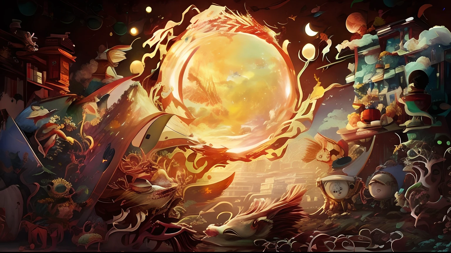 a drawing,A group of people in the room,There is a huge ball, cyril rolando and m. Kaluta, cyril rolando and m.Kaluta, Official artwork, james jean marc simonetti, cyril rolando and goro fujita, author:Cyril Rolando, moon light fish eye illustrator, james jean and victo ngai, Album art