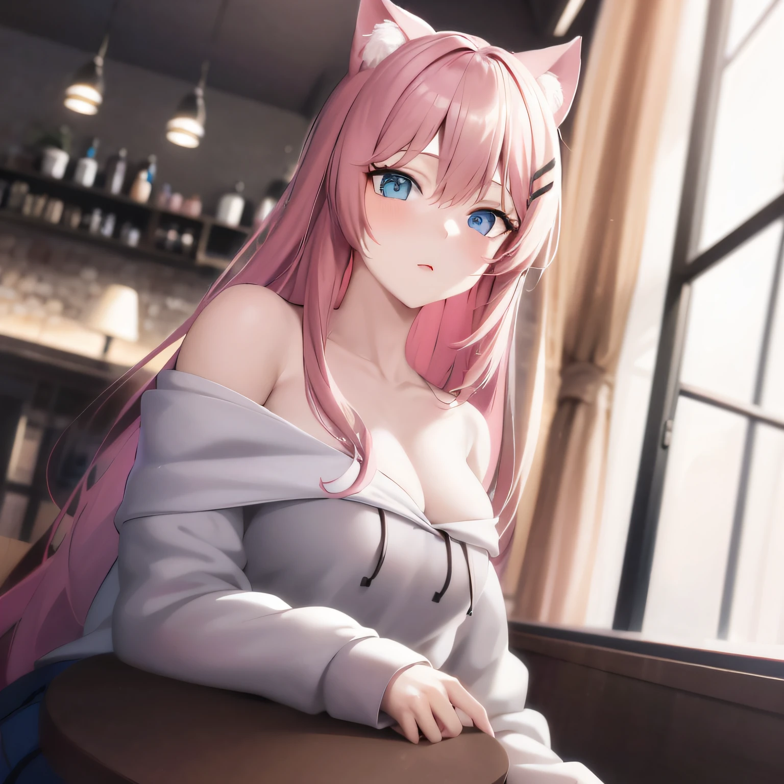 Anime girl with pink hair and blue eyes sitting on table, beautiful anime catgirl, cute anime catgirl, Very beautiful anime cat girl, anime catgirl, anime girl with cat ears, seductive anime girls, realistic anime artstyle, anime moe art style, Attractive cat girl, anime cat, Cute anime girl, [ 4 K digital art ]!!