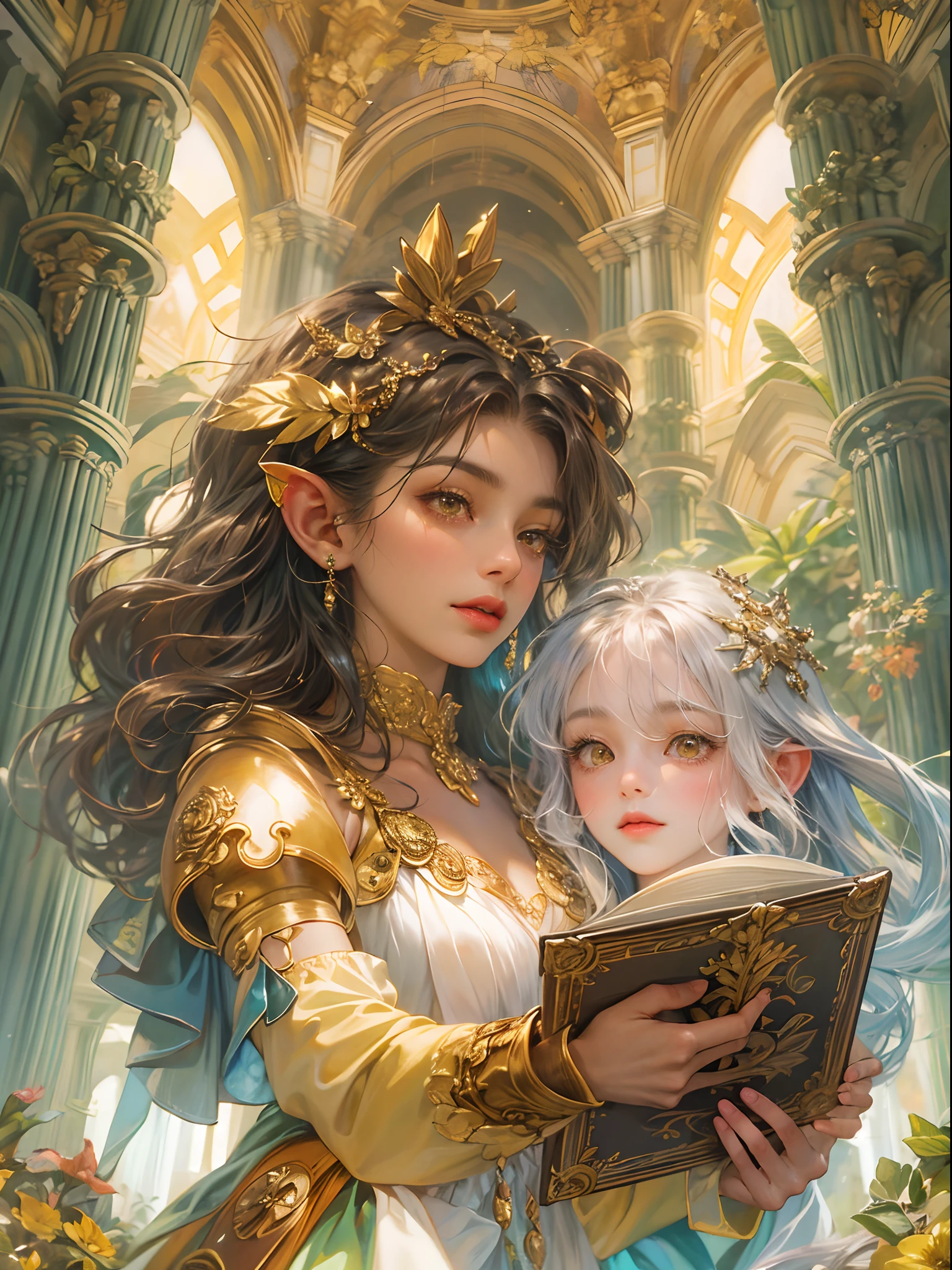 (absurdres, highres, ultra detailed, HDR), masterpiece, best quality, legend of mana character, heroine, detailed face, beautiful face with decorative detailed hair ornament, seraphina talking to a little black haired angel with yellow eyes with magic book outside celestial palace, detailed character, detailed celestial place of goddess, laplace, detailed backdrop