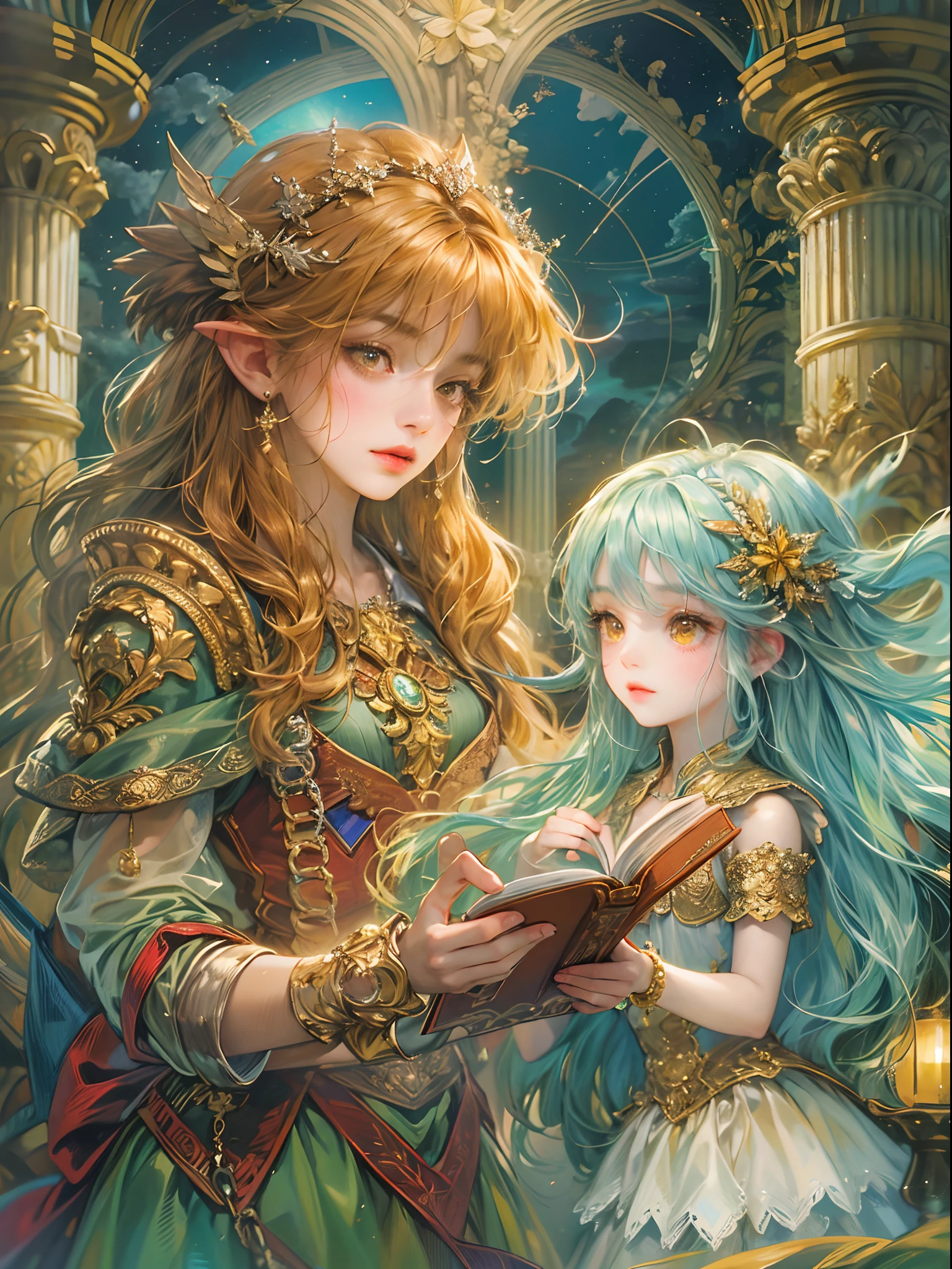 (absurdres, highres, ultra detailed, HDR), masterpiece, best quality, legend of mana character, heroine, detailed face, beautiful face with decorative detailed hair ornament, seraphina talking to a little black haired angel with yellow eyes with magic book outside celestial palace, detailed character, detailed celestial place of goddess, laplace, detailed backdrop