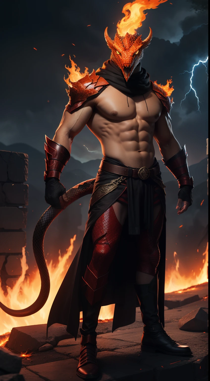 infernal-lord, snake-head, flame-lava, fire-background, full-body, lightning-strike-on-the-left-background, cool